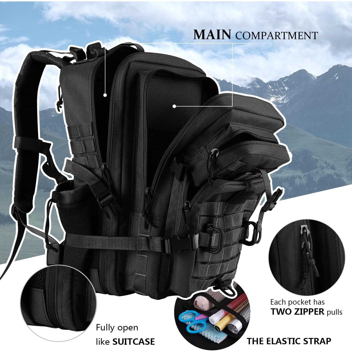 Mochila Táctica Militar 45L MOLLE Negra con Soporte de Botella