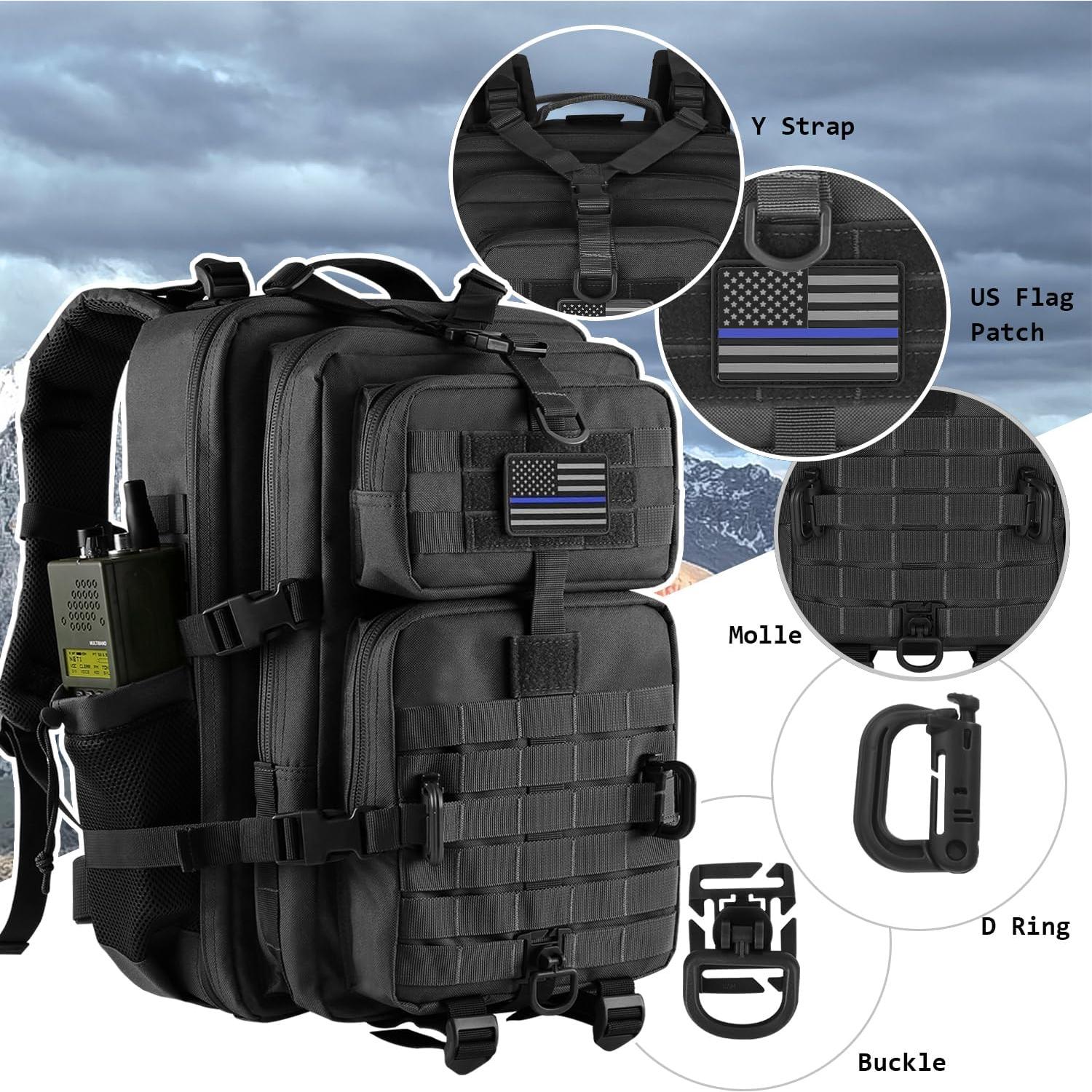 Mochila Táctica Militar 45L MOLLE Negra con Soporte de Botella