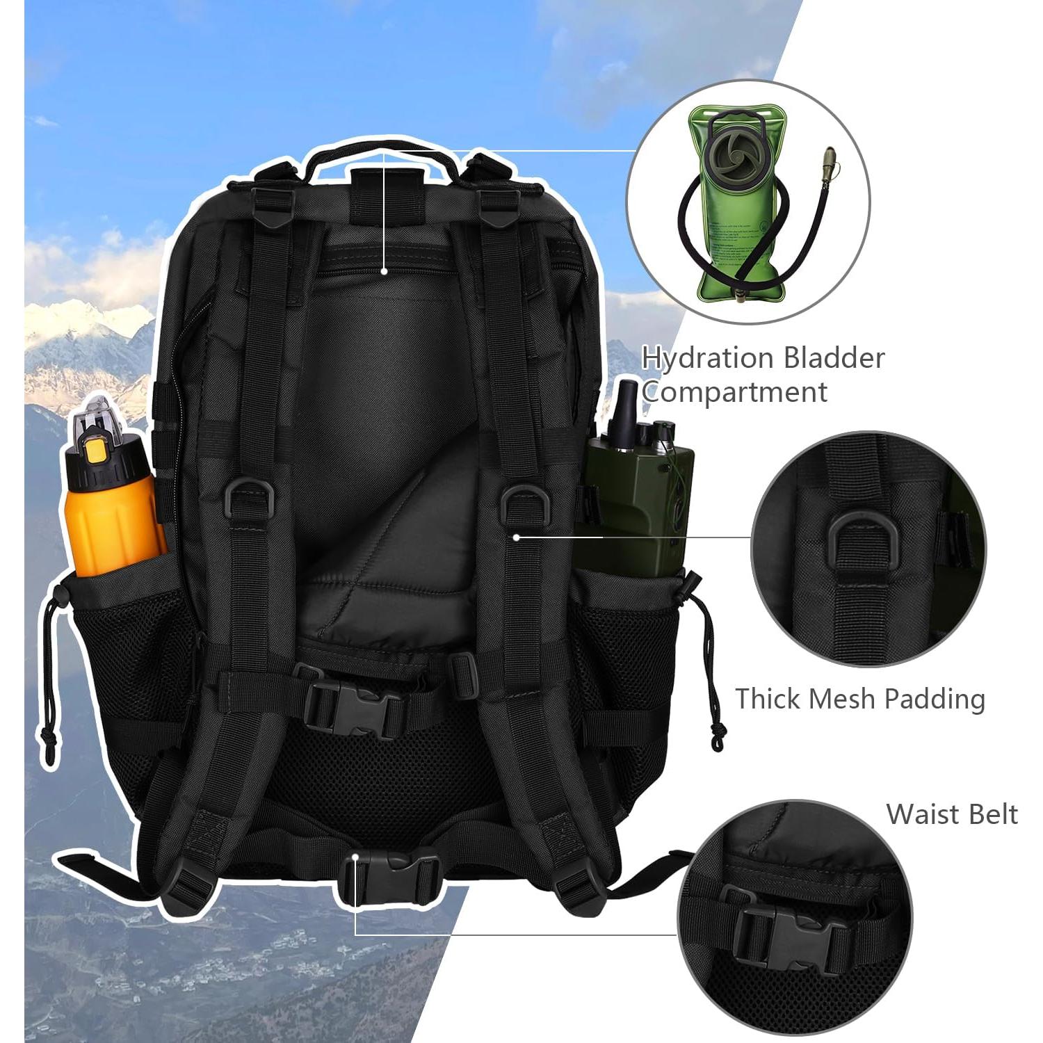 Mochila Táctica Militar 45L MOLLE Negra con Soporte de Botella