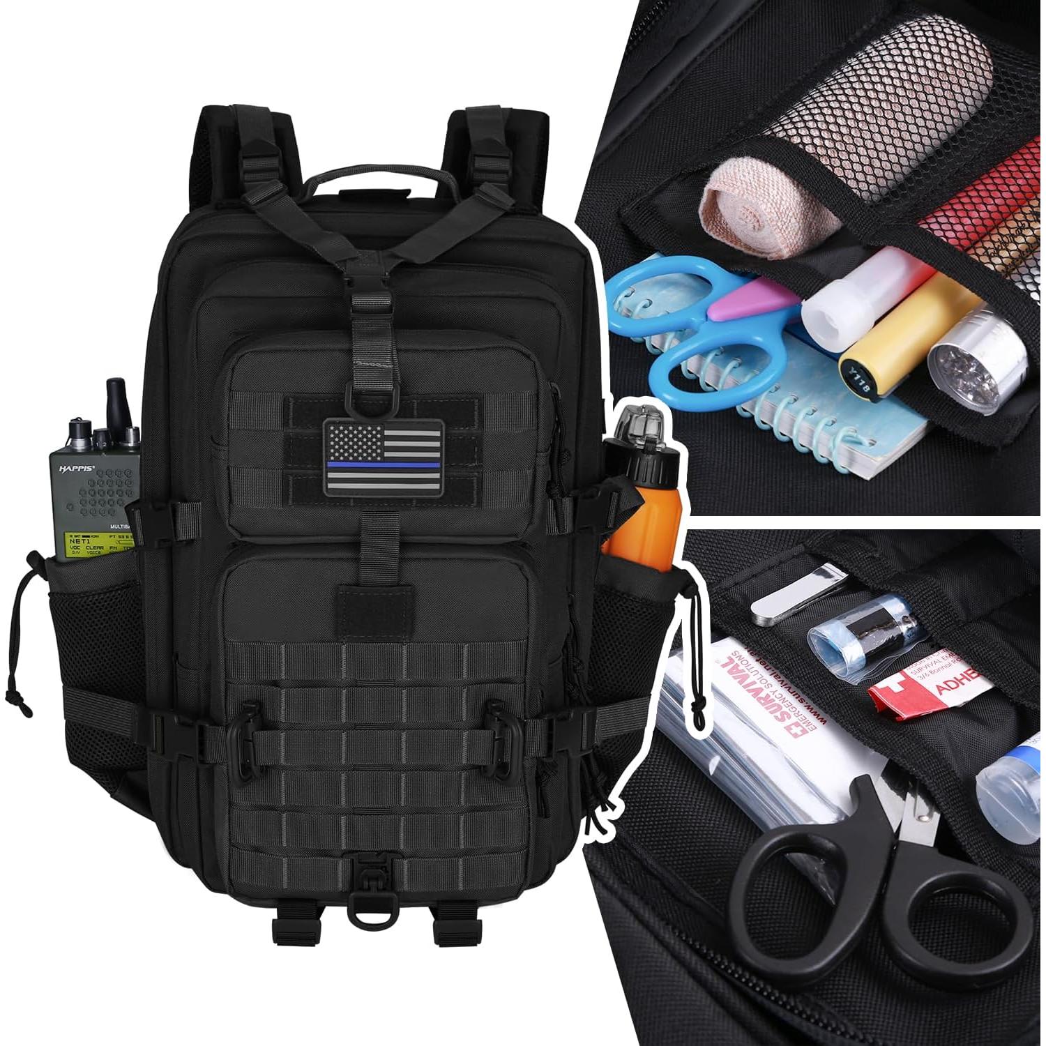 Mochila Táctica Militar 45L MOLLE Negra con Soporte de Botella