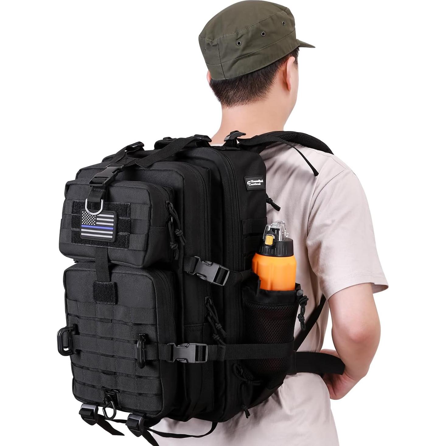 Mochila Táctica Militar 45L MOLLE Negra con Soporte de Botella