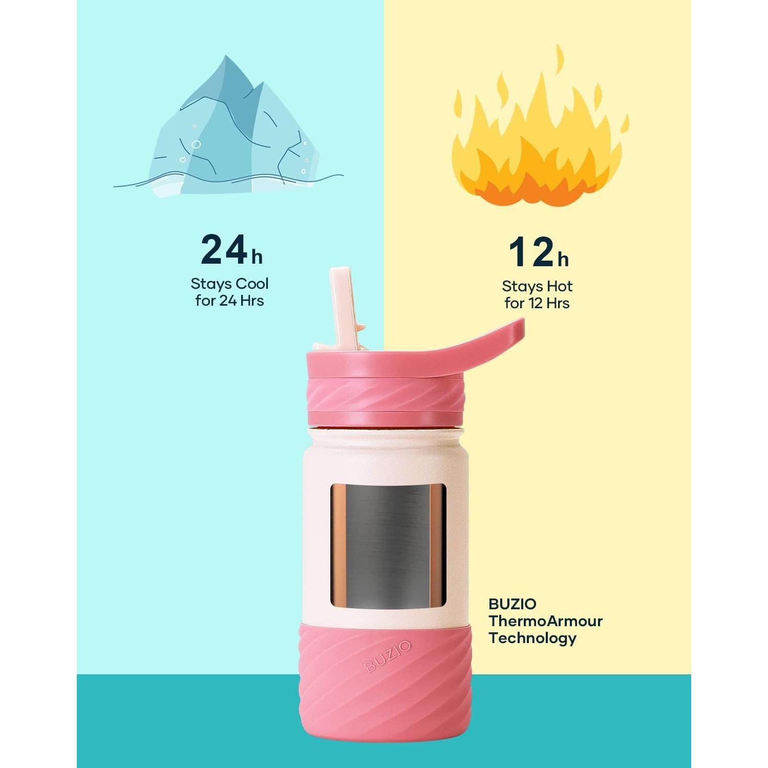 Botella de Agua Aislada BUZIO 396ml Rosa con Popote