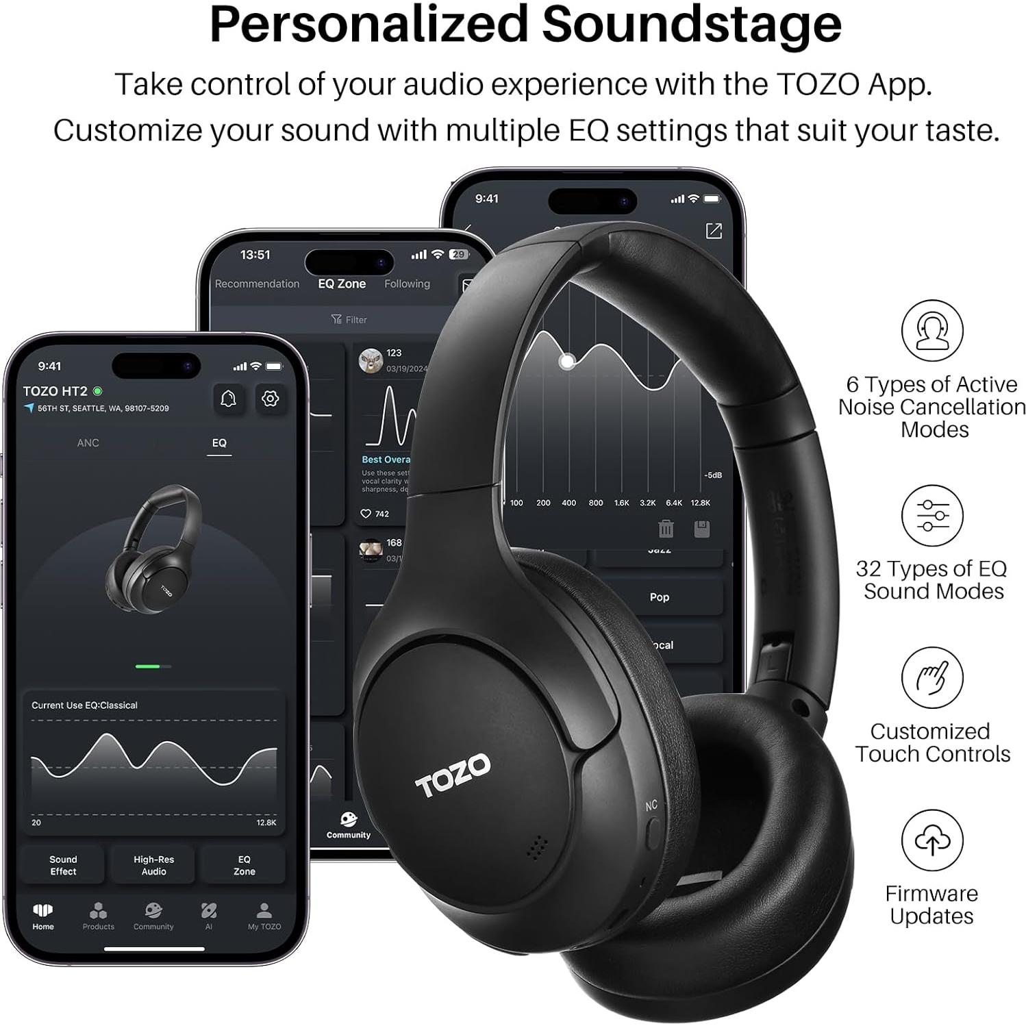 Auriculares TOZO HT2 Inalámbricos ANC 60H Bluetooth Negro
