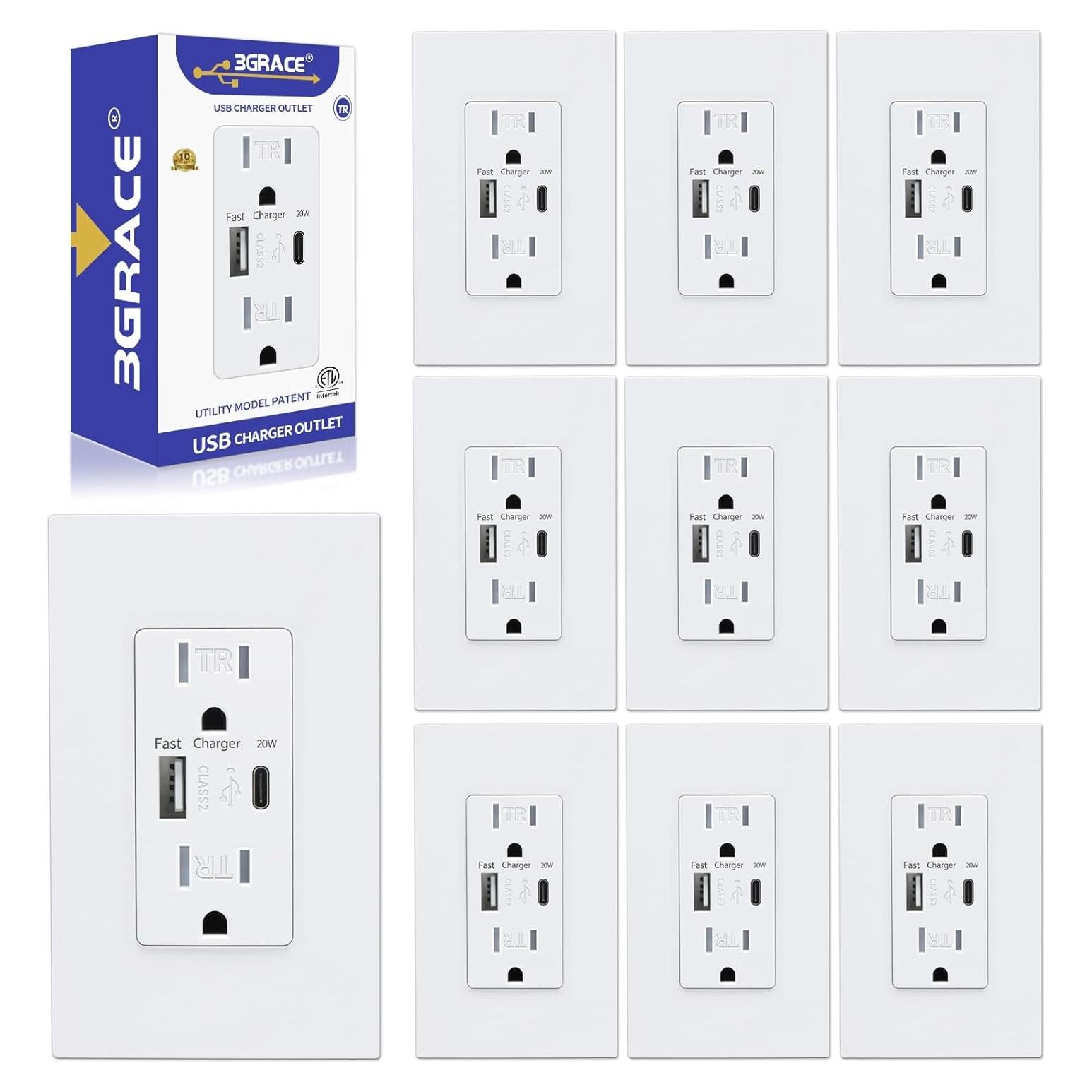 Toma de Corriente USB 3GRACE 15A Dúplex Blanca Paquete 10