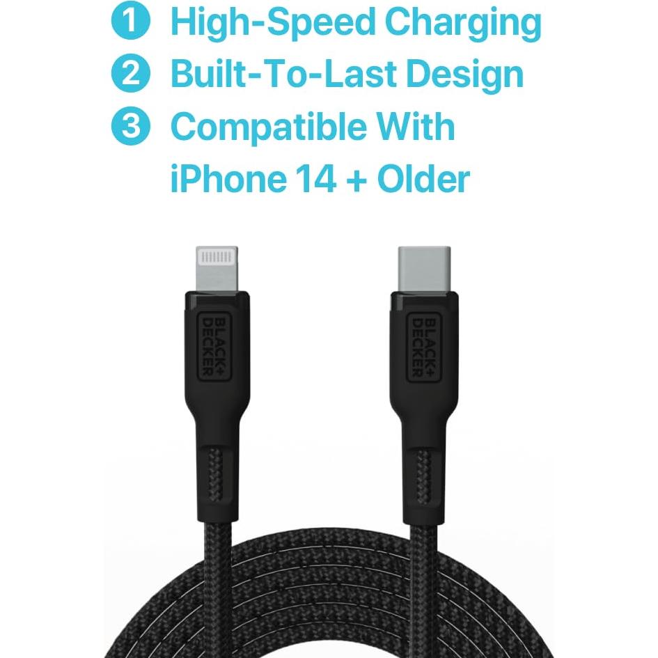 CABLE USB C a Lightning BLACK+DECKER 36 cm trenzado duradero