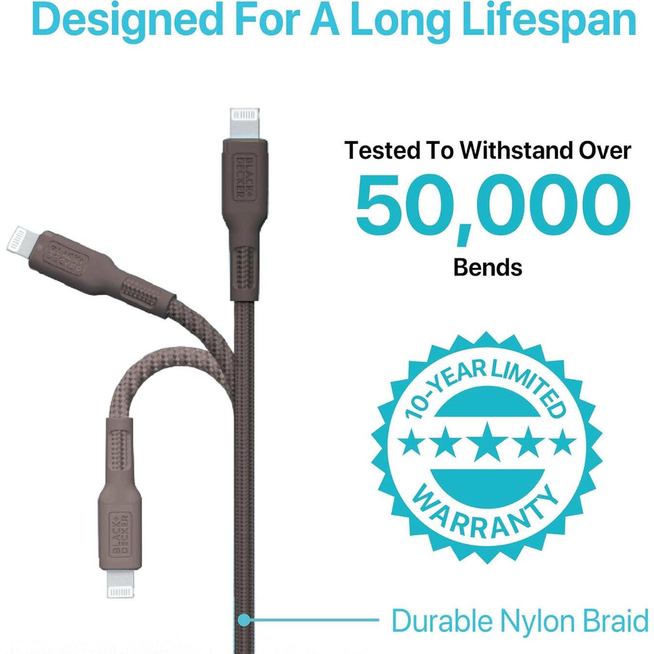 CABLE USB C a Lightning BLACK+DECKER 36 cm trenzado duradero