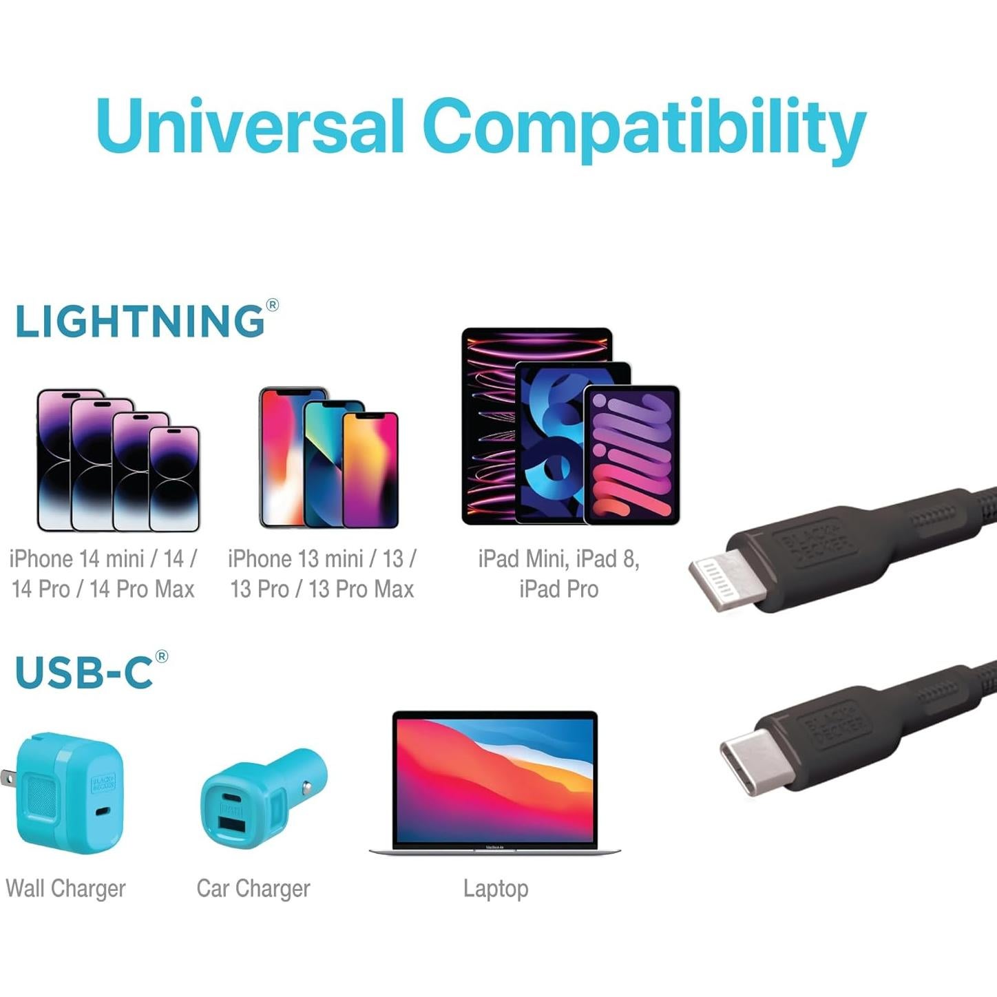 CABLE USB C a Lightning BLACK+DECKER 36 cm trenzado duradero