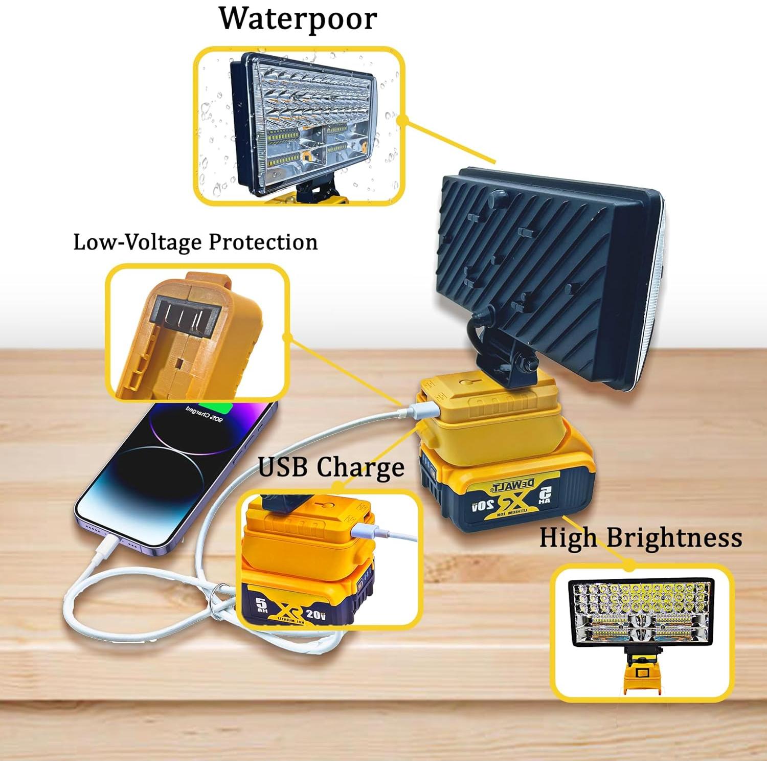 Luz de trabajo LED Dewalt 20V 90W 5400LM USB portátil