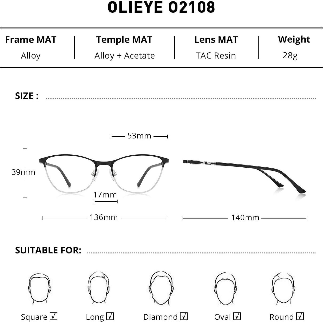 Gafas de lectura OLIEYE Cat Eye negras 53mm con luz azul