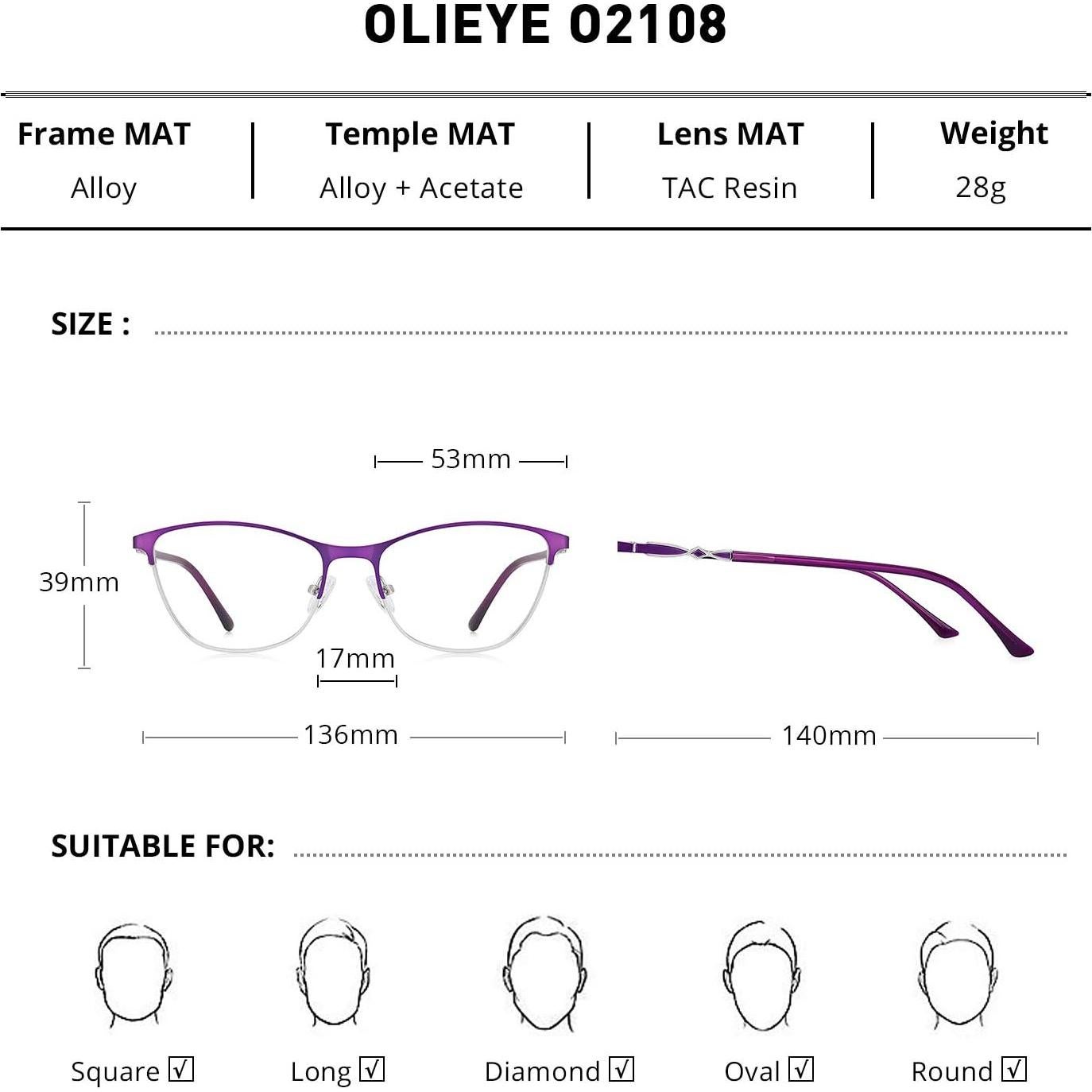 Gafas de lectura OLIEYE Cat Eye plata y púrpura 53mm