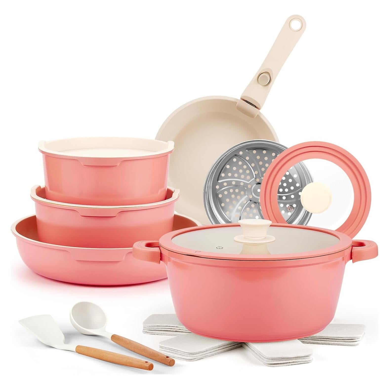 Juego de Ollas y Sartenes IKTU Cerámica Rosa 19 Piezas