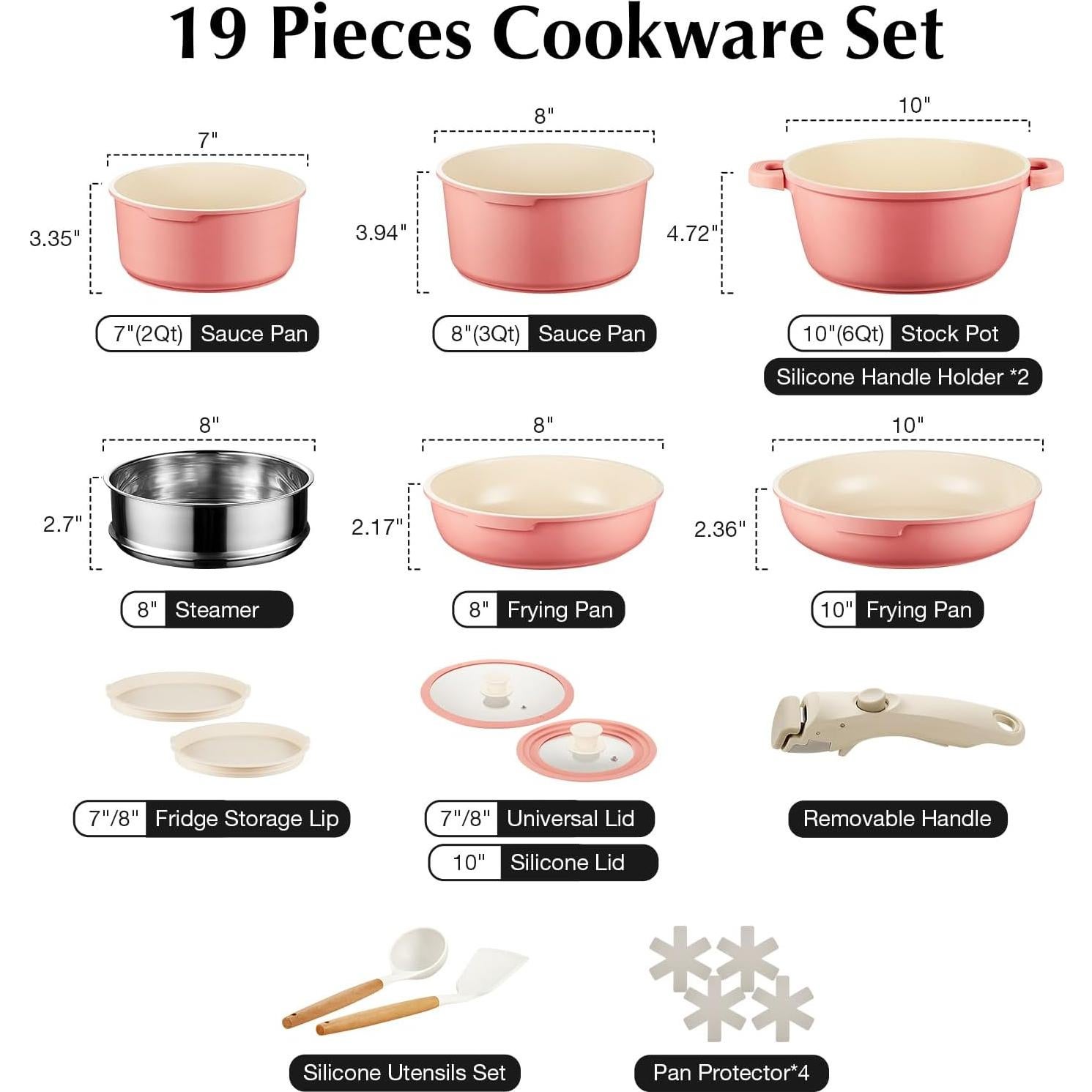 Juego de Ollas y Sartenes IKTU Cerámica Rosa 19 Piezas