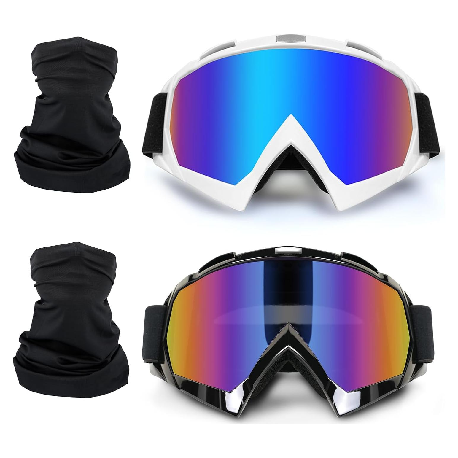 Motorcycle Goggles 2 Pack ATV Dirt Bike Motocross Riding Accessories Men&Women Ski Goggles with Neck Breathable Bandana Mask