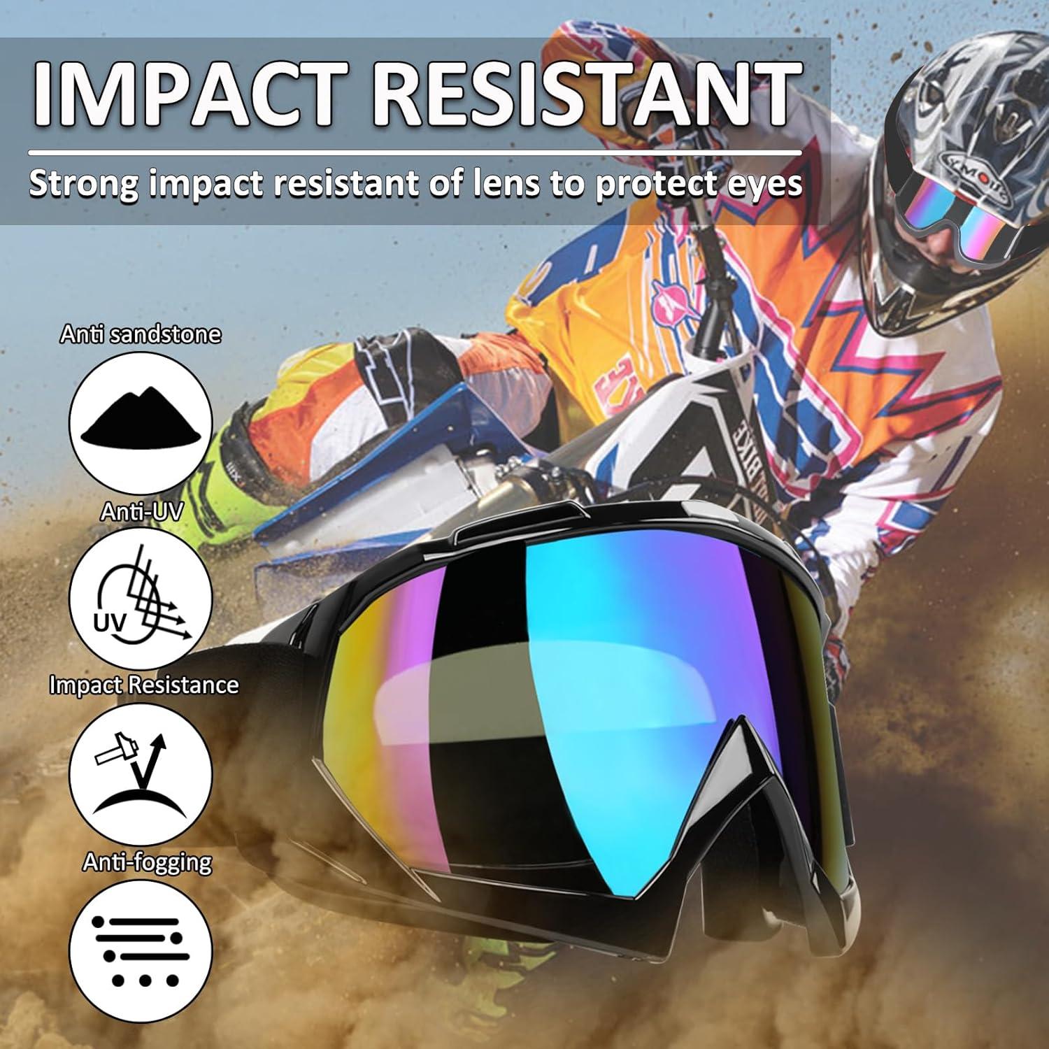 Motorcycle Goggles 2 Pack ATV Dirt Bike Motocross Riding Accessories Men&Women Ski Goggles with Neck Breathable Bandana Mask