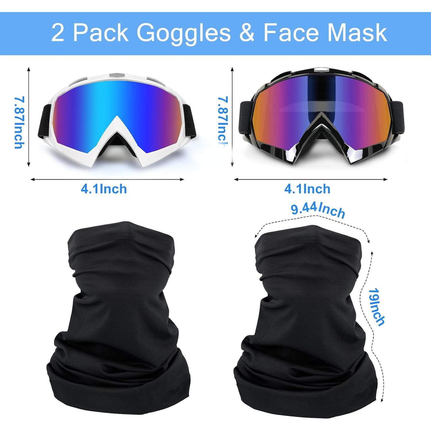 Motorcycle Goggles 2 Pack ATV Dirt Bike Motocross Riding Accessories Men&Women Ski Goggles with Neck Breathable Bandana Mask