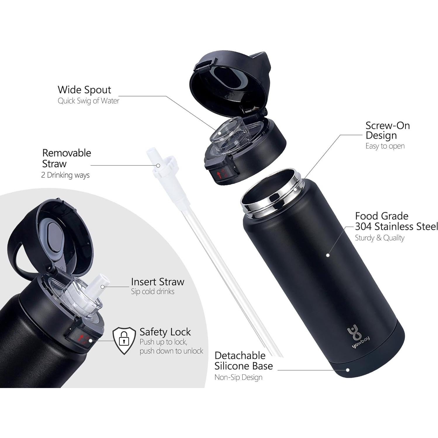 Botella de Agua Aislada Yawbay 0.5L con Pajilla y Asa