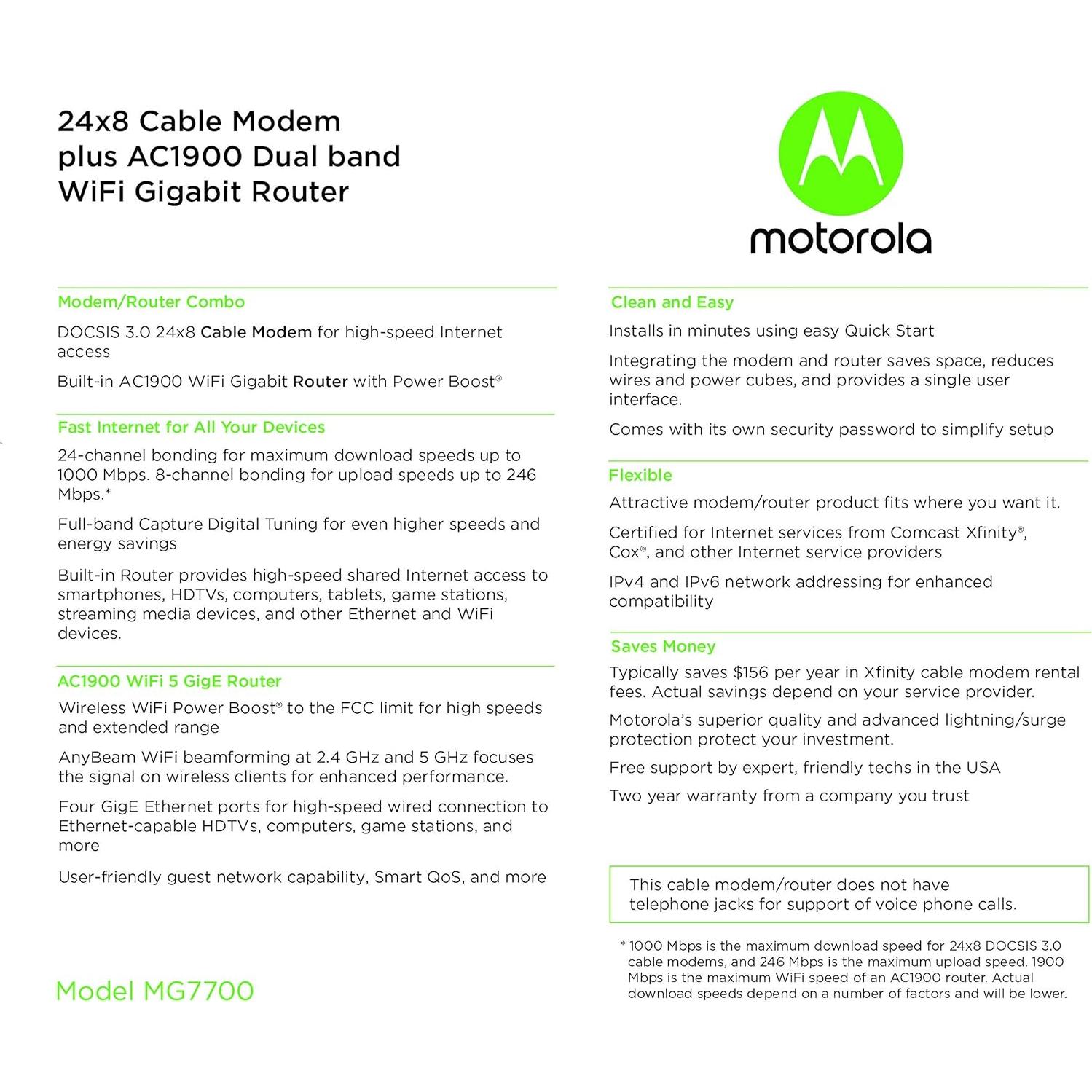 Módem Router WiFi Motorola MG7700 DOCSIS 3.0 800 Mbps