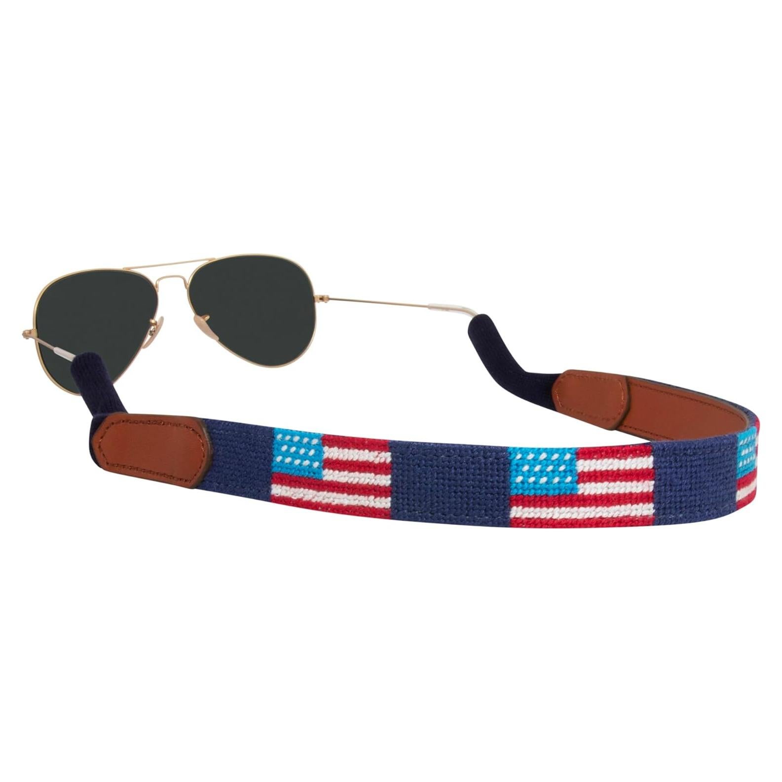 Correa para Gafas de Sol de Cuero Cosida a Mano - Bandera Americana