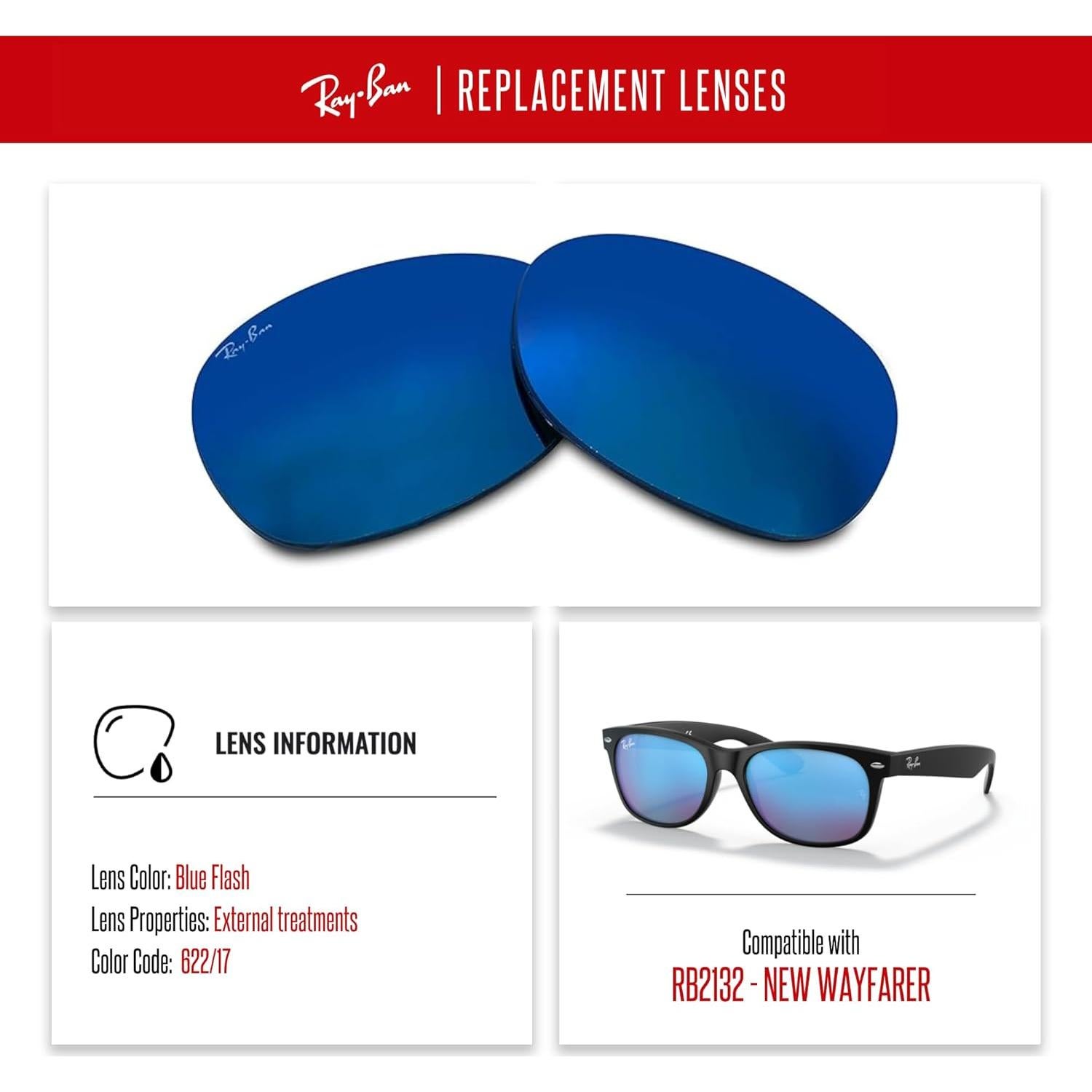 Lentes de Reemplazo Ray-Ban RB2132 New Wayfarer 55mm + Kit Cuidado