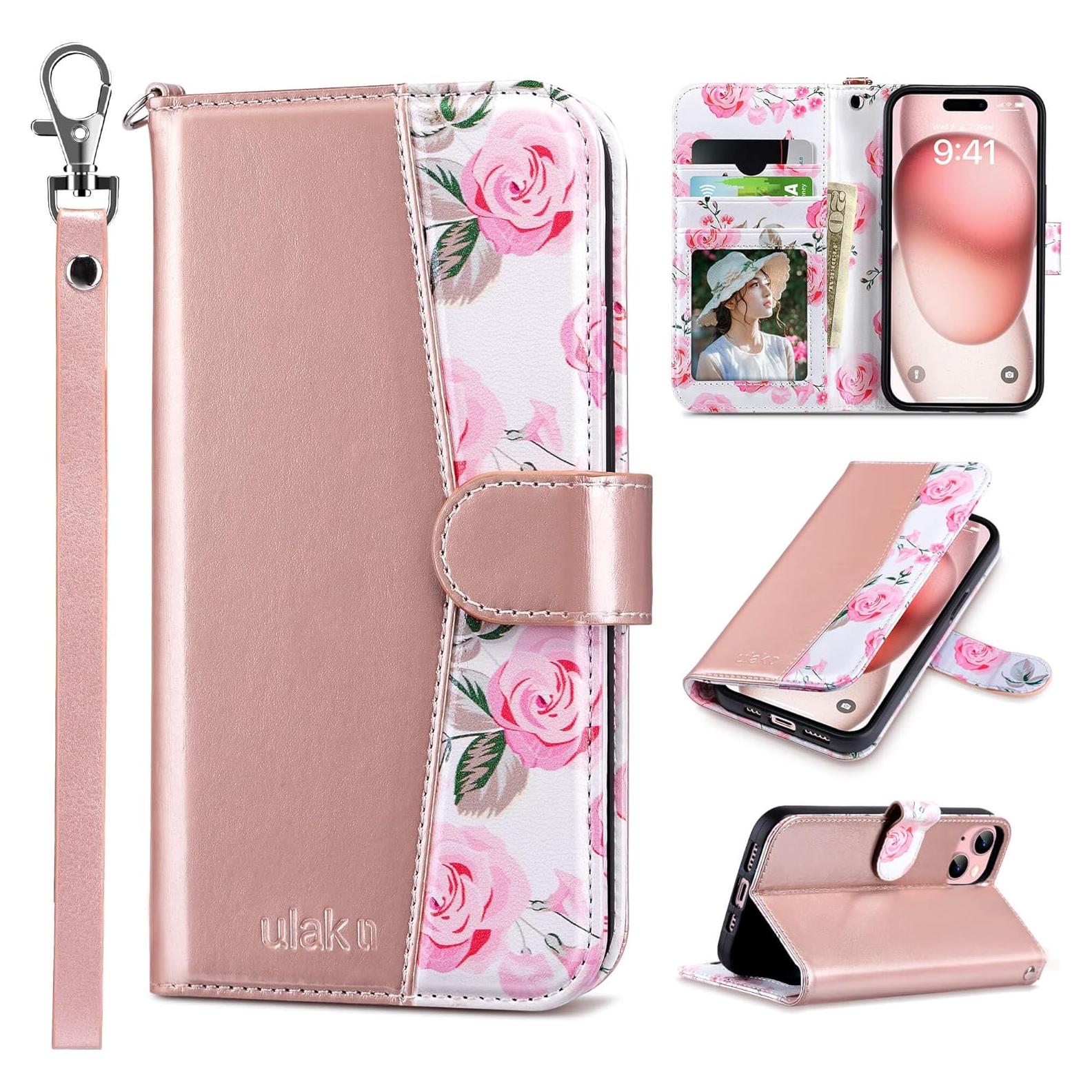 Funda Cartera ULAK para iPhone 15 6.1" Oro Rosa con Soporte