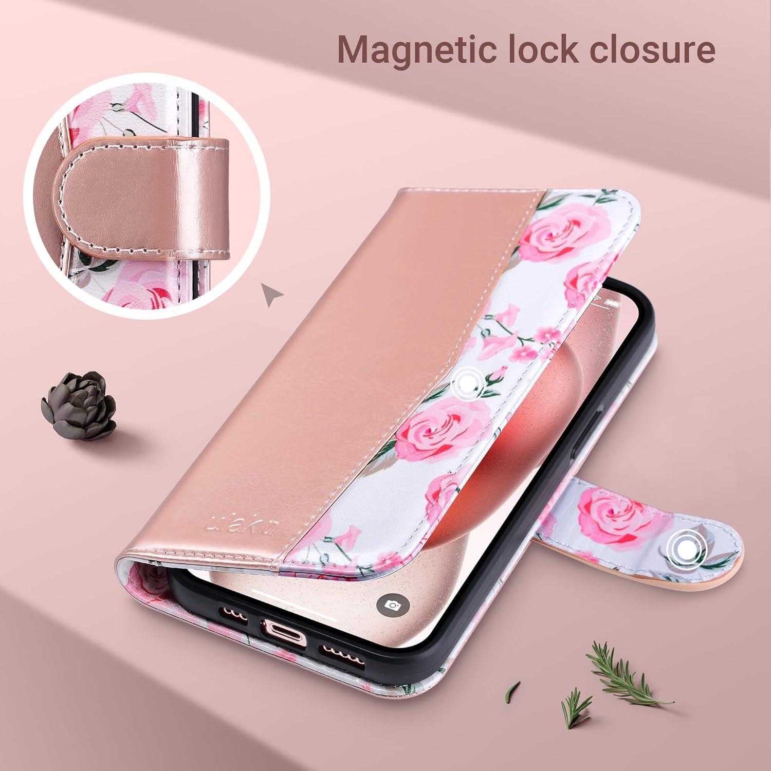 Funda Cartera ULAK para iPhone 15 6.1" Oro Rosa con Soporte