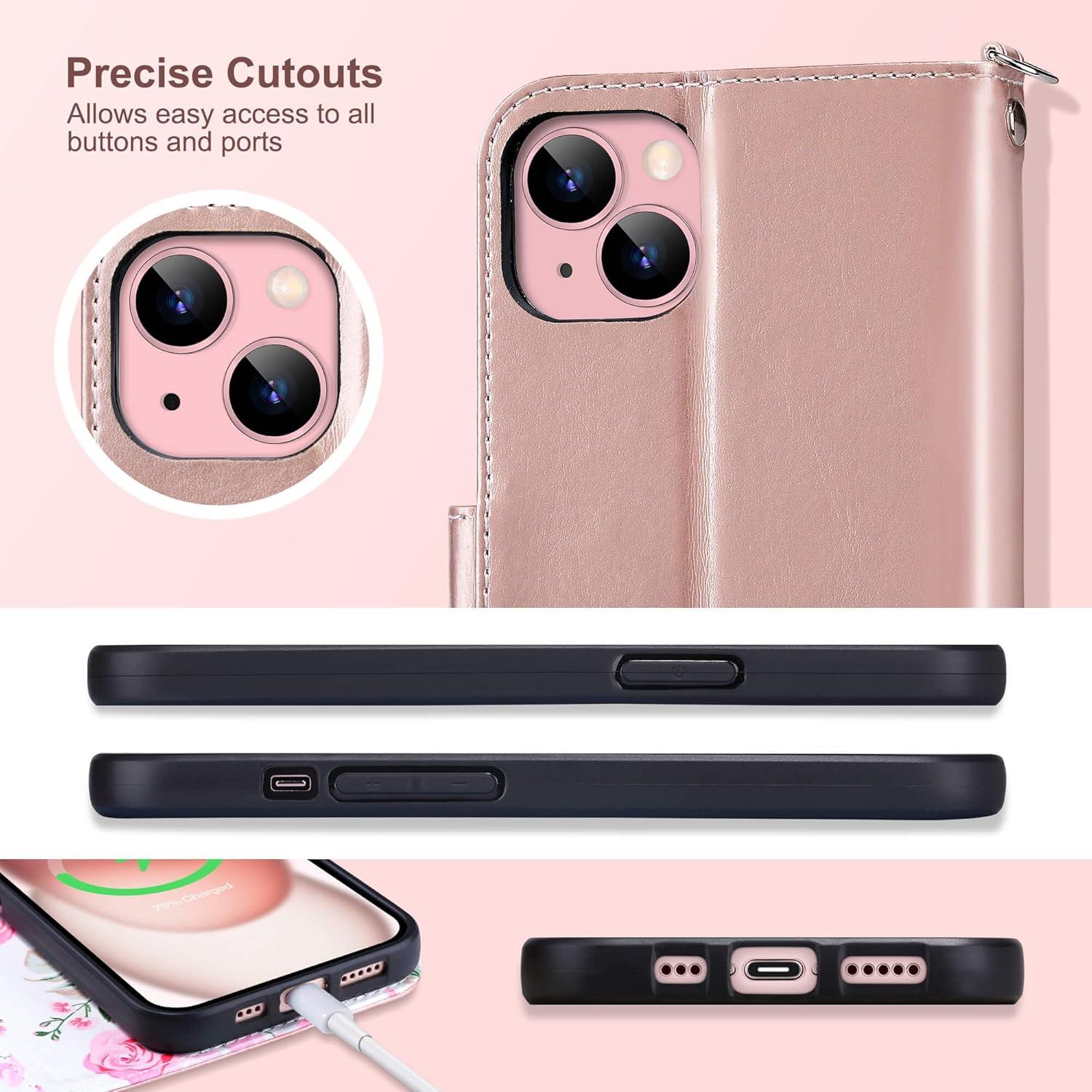 Funda Cartera ULAK para iPhone 15 6.1" Oro Rosa con Soporte