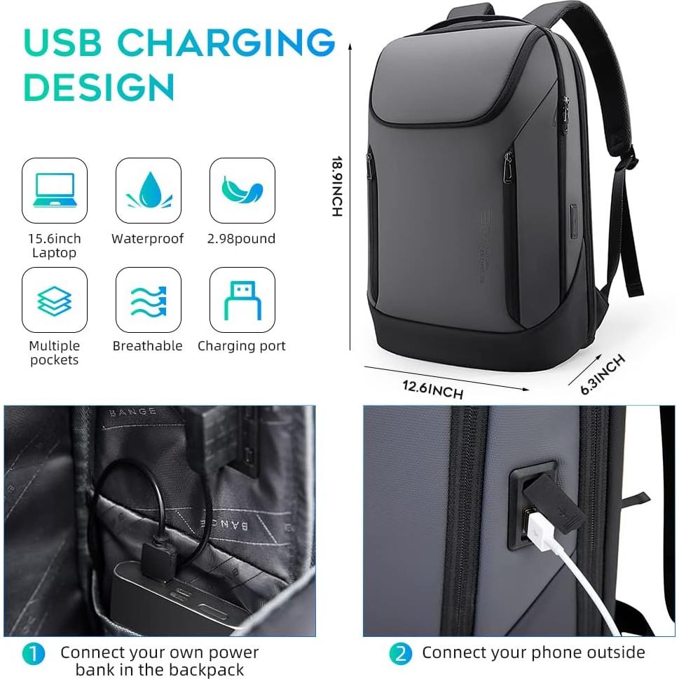 Mochila BANGE Inteligente Impermeable 15.6" USB Gris