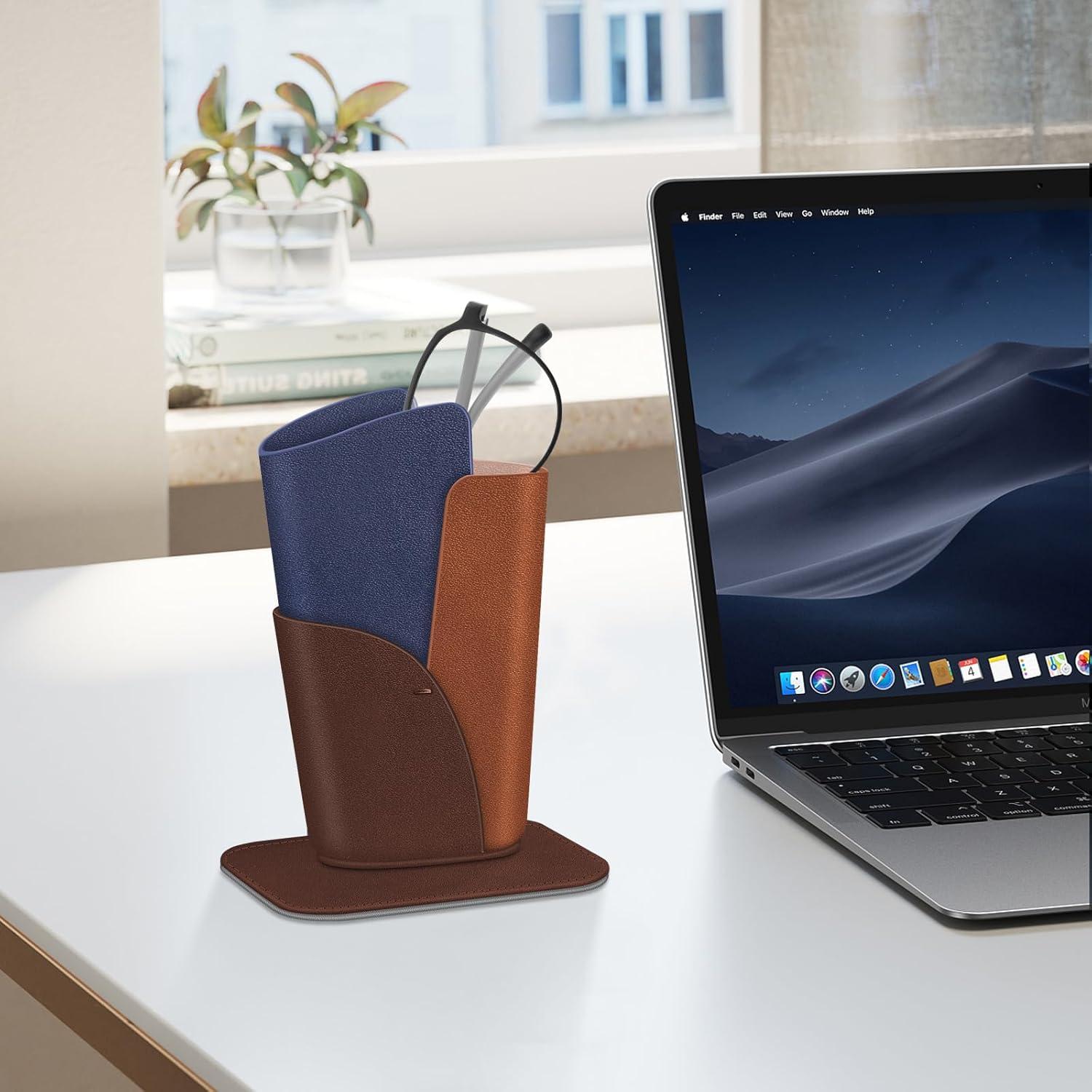 Fintie Eyeglasses Holder - Anti-scratch Premium Vegan Leather Glasses Stand Case for Desk or Nightstand (Dark Brown)