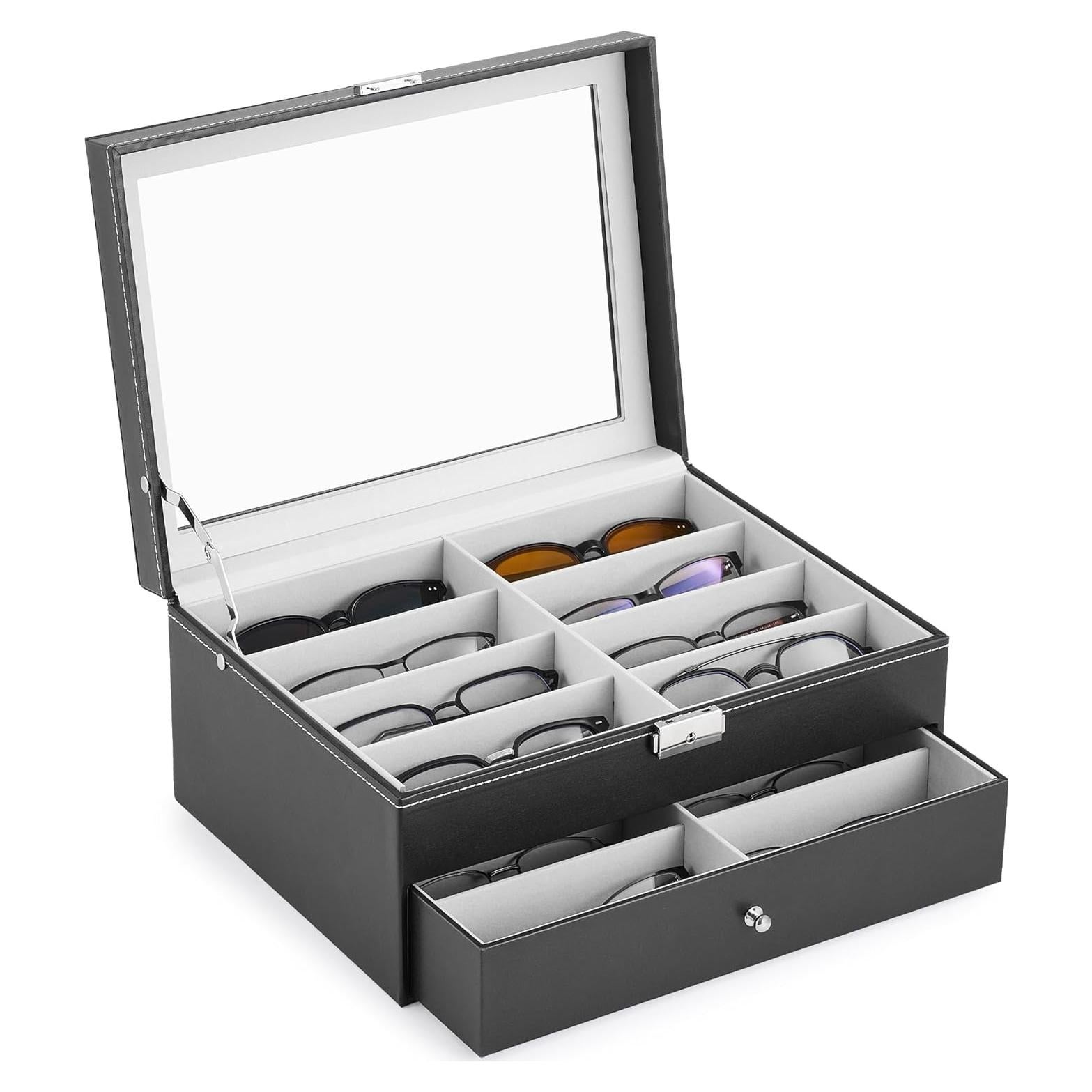 Organizador de Gafas CO-Z de Cuero PU con Cerradura y 16 Compartimentos