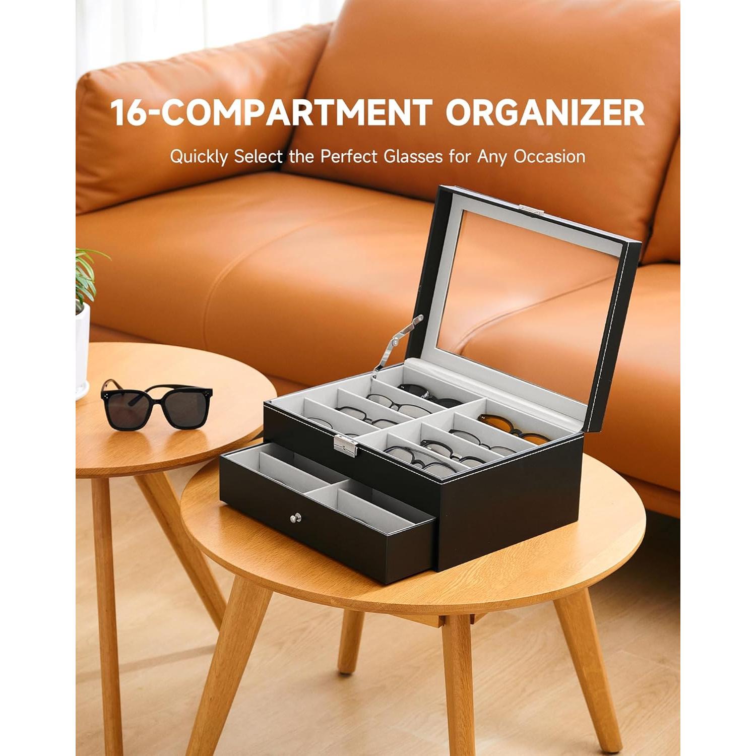 Organizador de Gafas CO-Z de Cuero PU con Cerradura y 16 Compartimentos