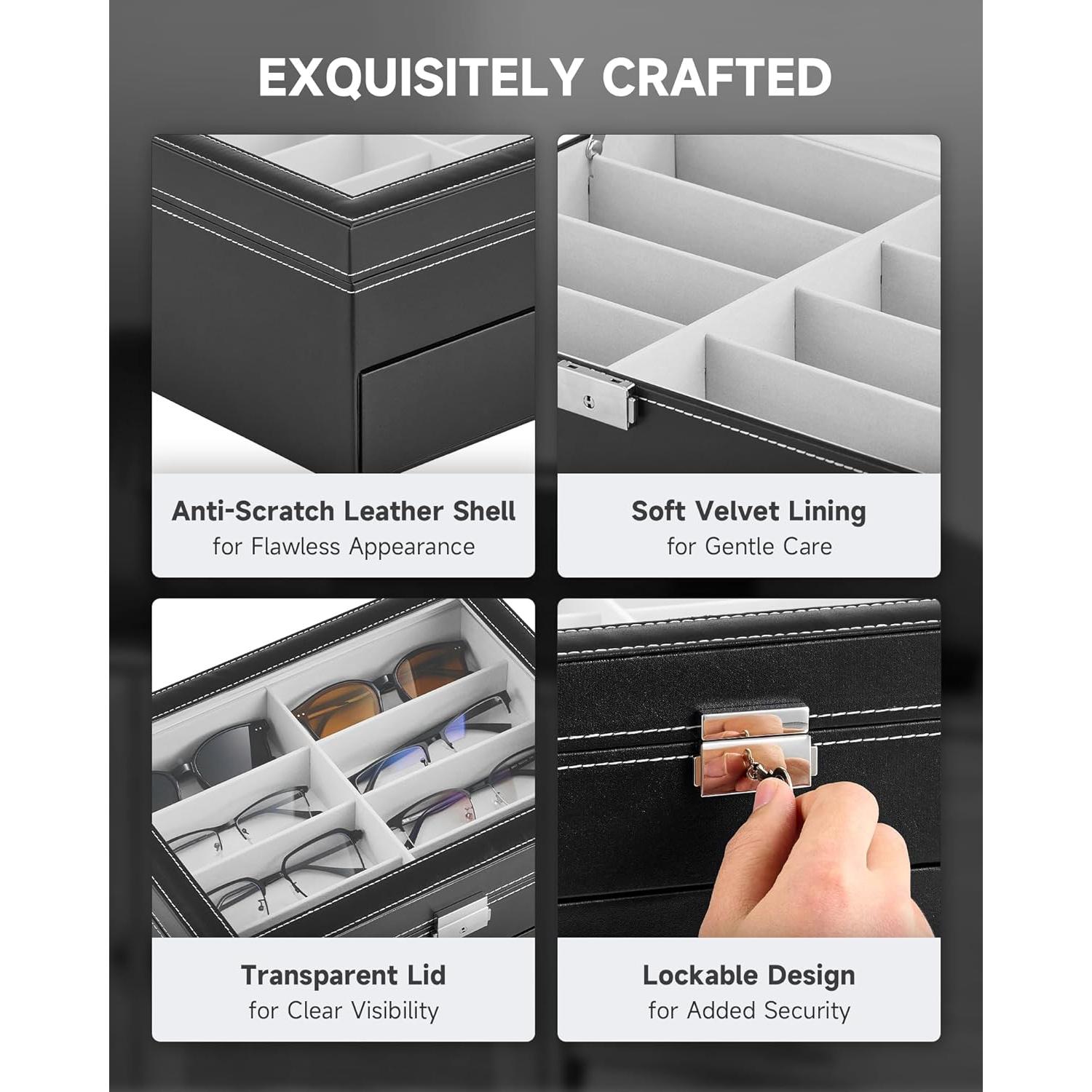 Organizador de Gafas CO-Z de Cuero PU con Cerradura y 16 Compartimentos