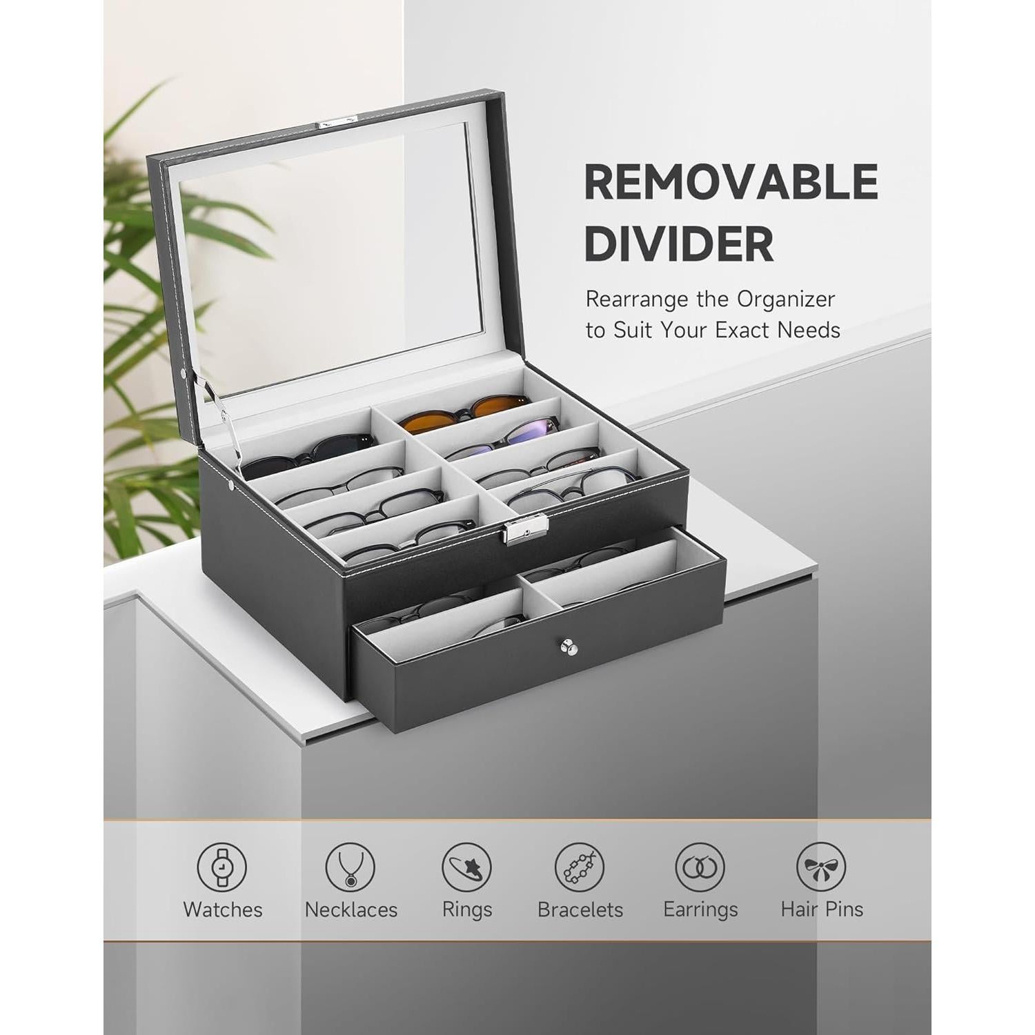 Organizador de Gafas CO-Z de Cuero PU con Cerradura y 16 Compartimentos