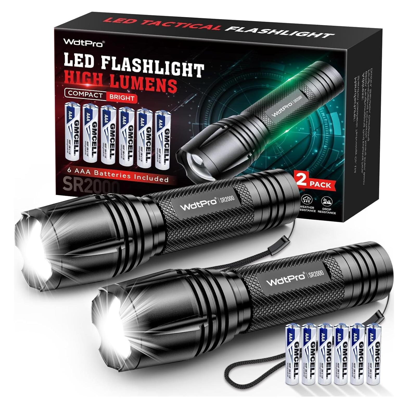 Linterna LED WdtPro SR2000 Pro, 2 Paquete, 5 Modos, Zoomable