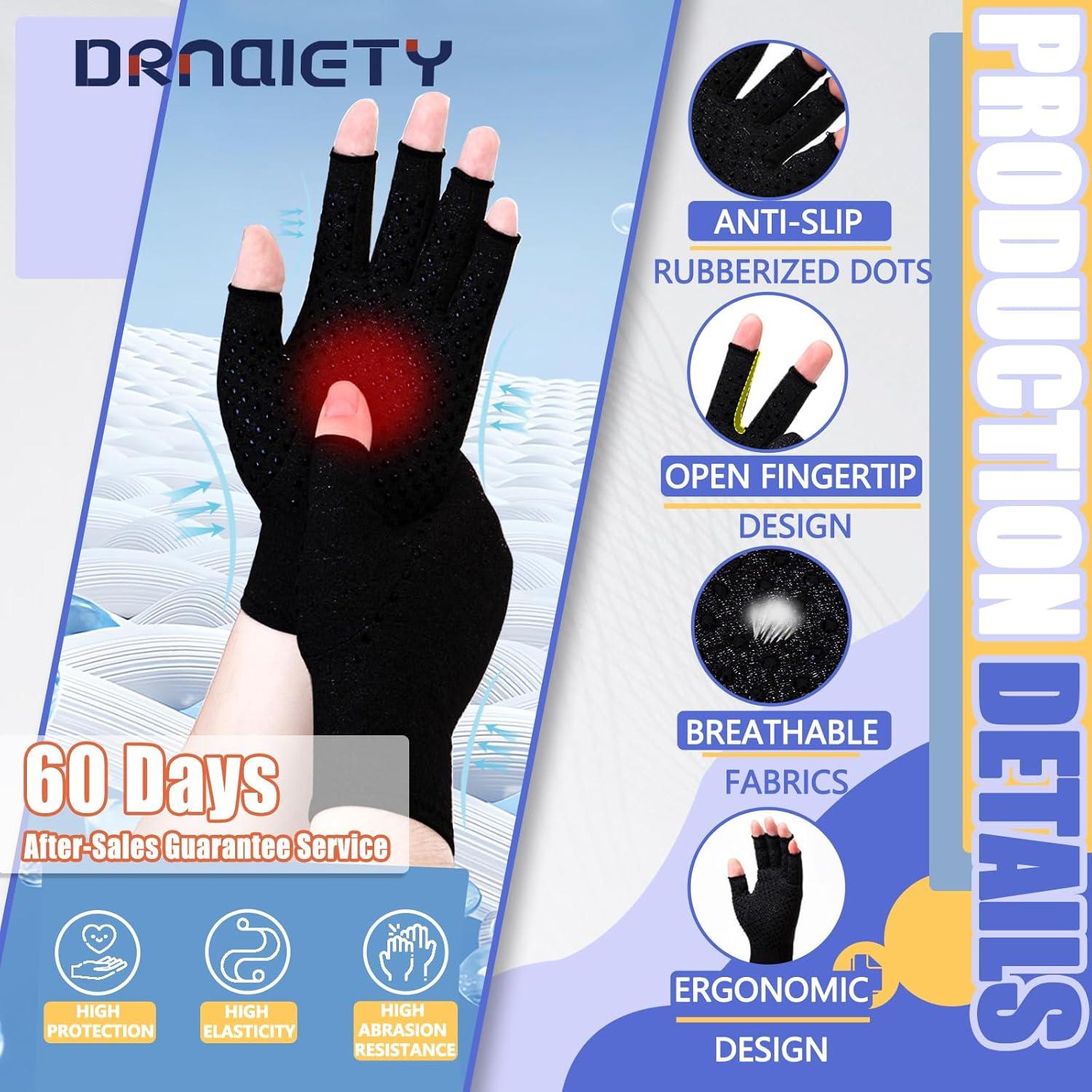 Guantes de Compresión para Artritis DRNAIETY - Sin Dedos, Negro, S