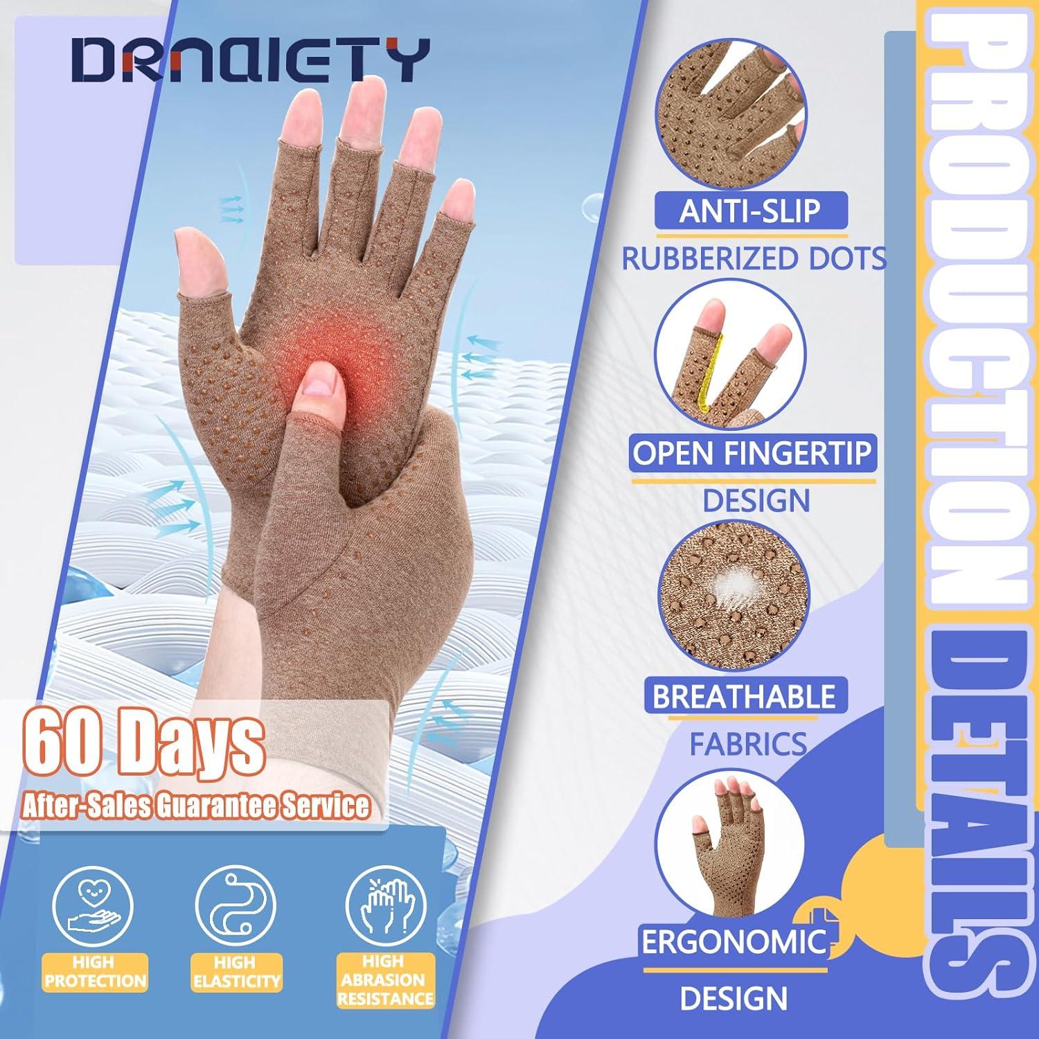 Guantes de Compresión DRNAIETY para Artritis - Sin Dedos L Caqui