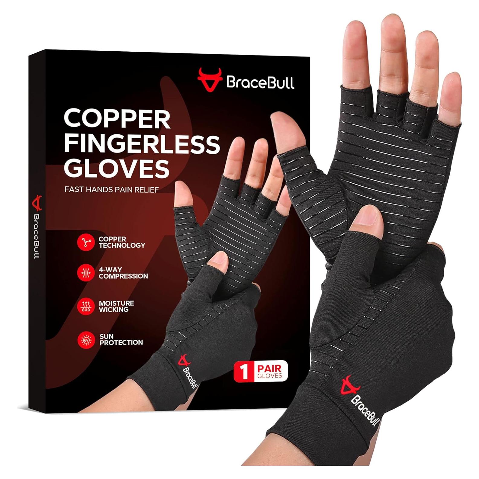 BraceBull Arthritis Gloves (1 Pair), Copper Infused Fingerless Compression Gloves, RSI and Relieve Hand Pain for Women & Men