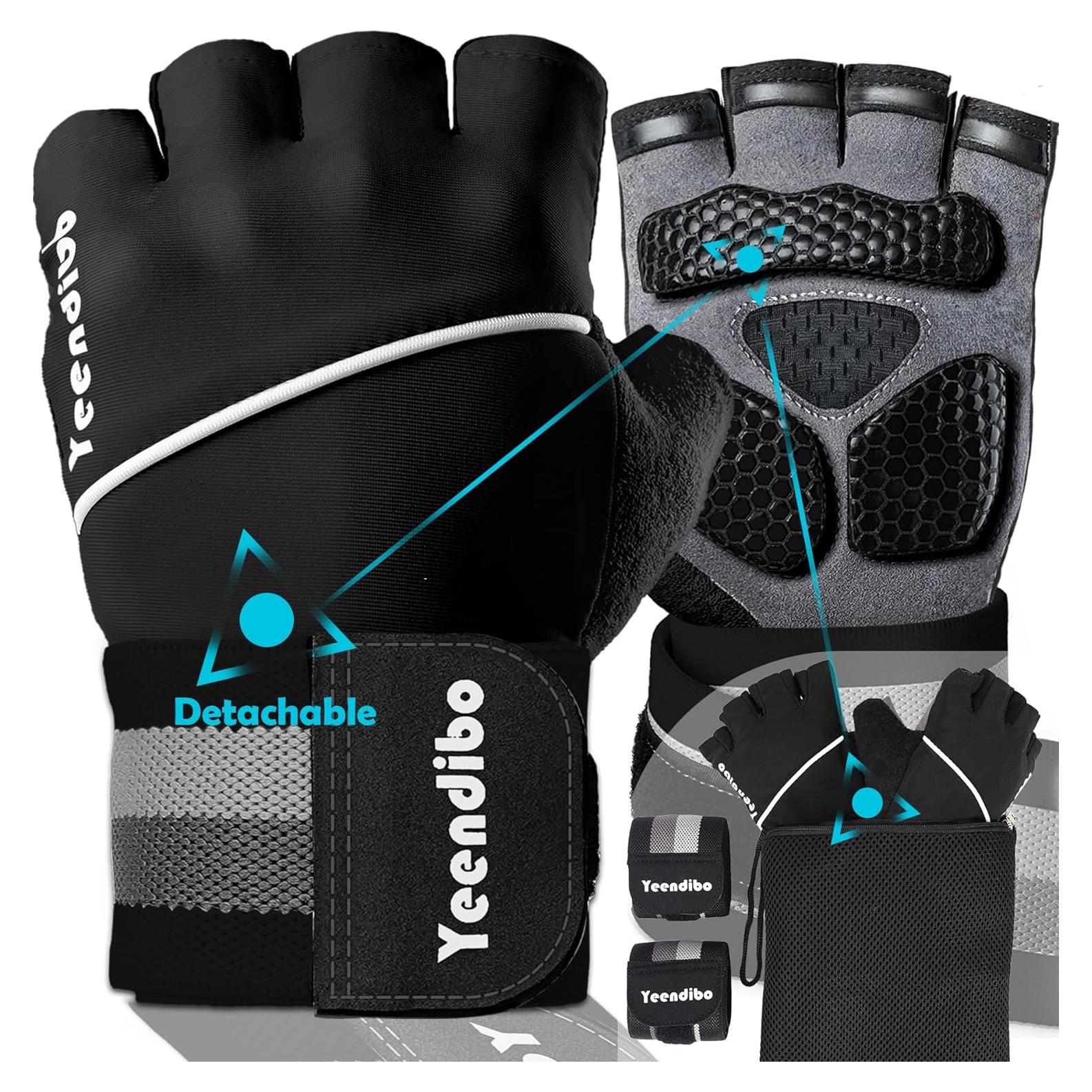 5-in-1 Workout Gloves for Men & Women, with Excellent Grip, Full Protection Exercise Weight Lifting Gym Gloves, Detachable Wrist Strap & Mesh Bag