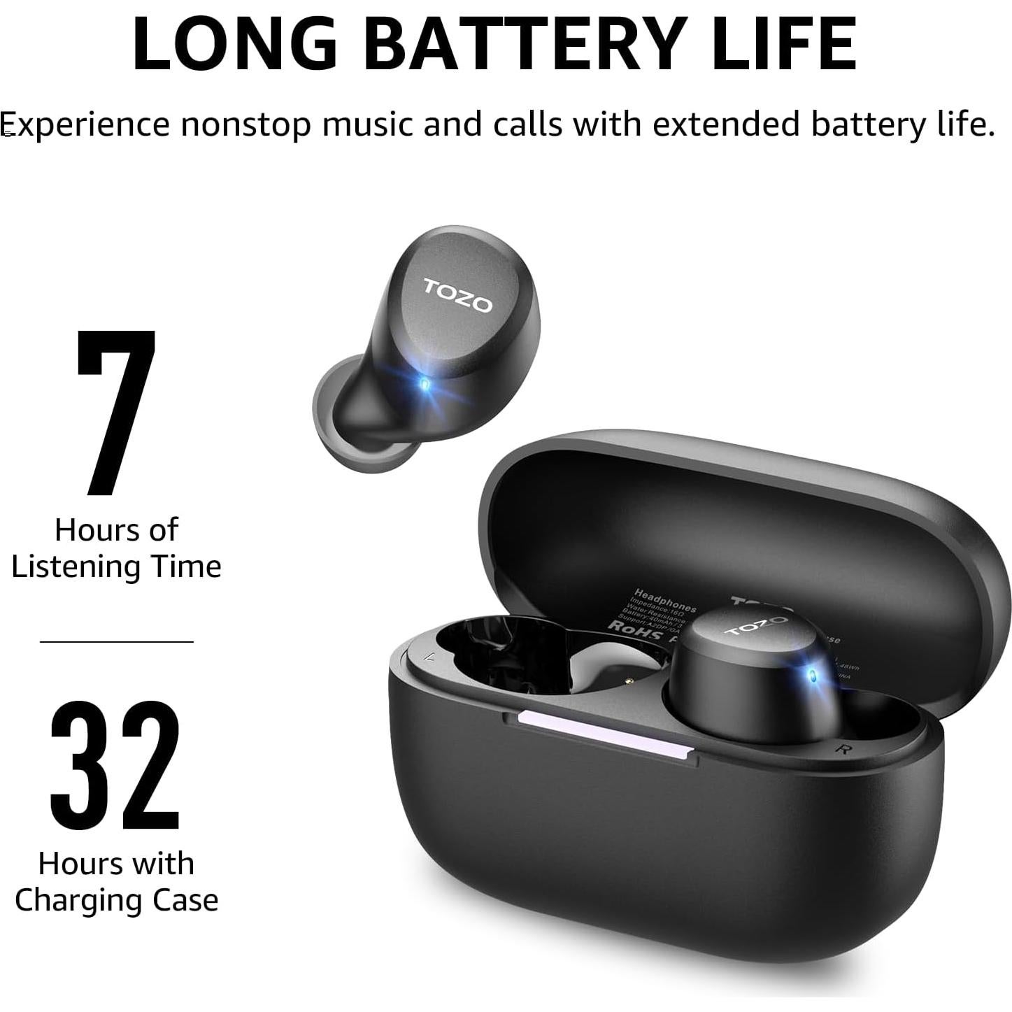 TOZO A1 Wireless Earbuds Bluetooth 5.3 Light Weight in Ear IPX5 Waterproof Headphones 2 Mic for AI Calls, Immersive Premium Sound Bass Headset with Charging Case, 32 Presets EQ Customization via App