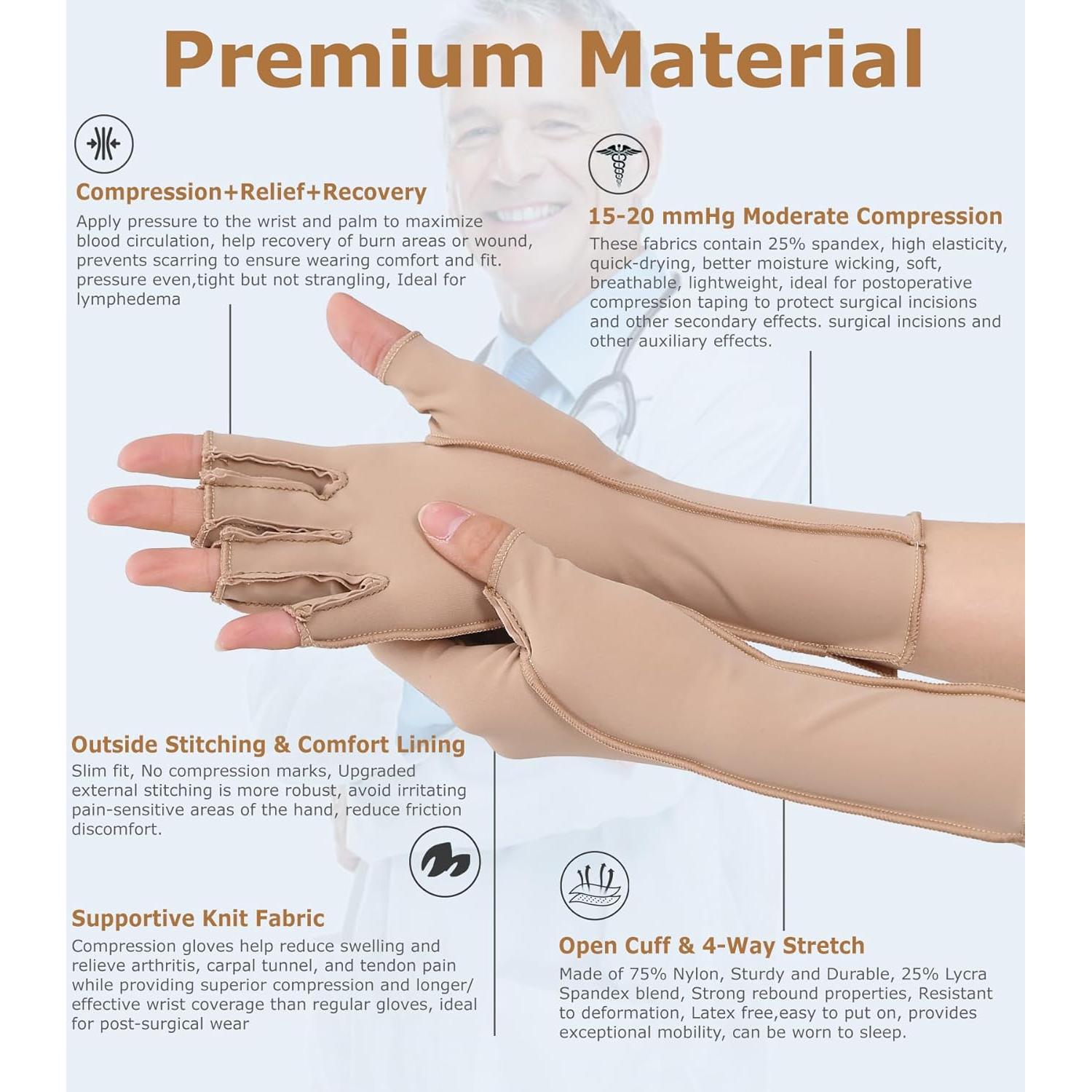 Guantes de Compresión NURCOM para Artritis Sin Dedos Beige