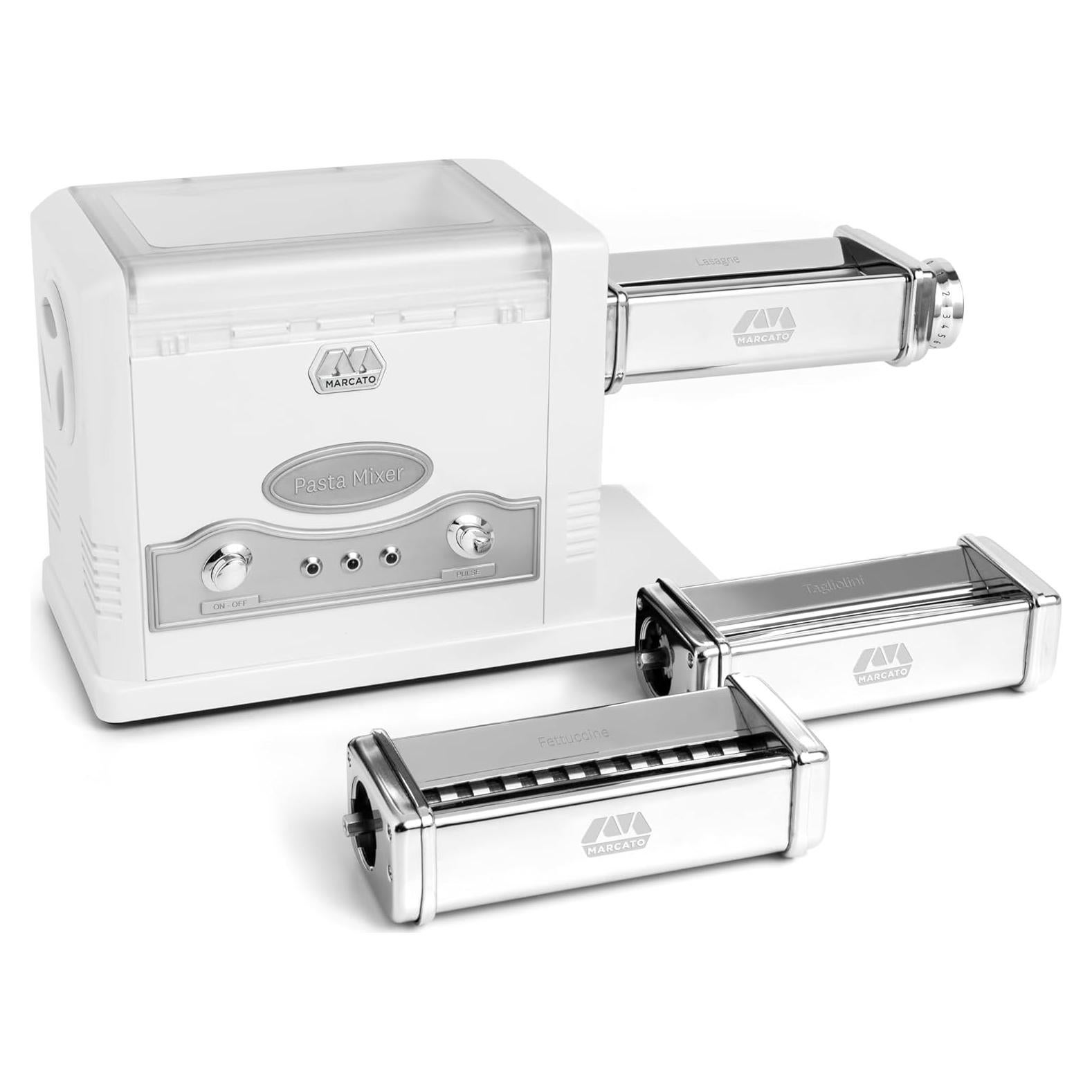 Made in Italy Pasta Fresca 110V Electric Kneading & Pasta Machine. Includes lasagna, fettuccine, tagliolini attachments. Kneads bread dough, pizza dough, shortcrust pastry, 31 x 16 x 21 cm