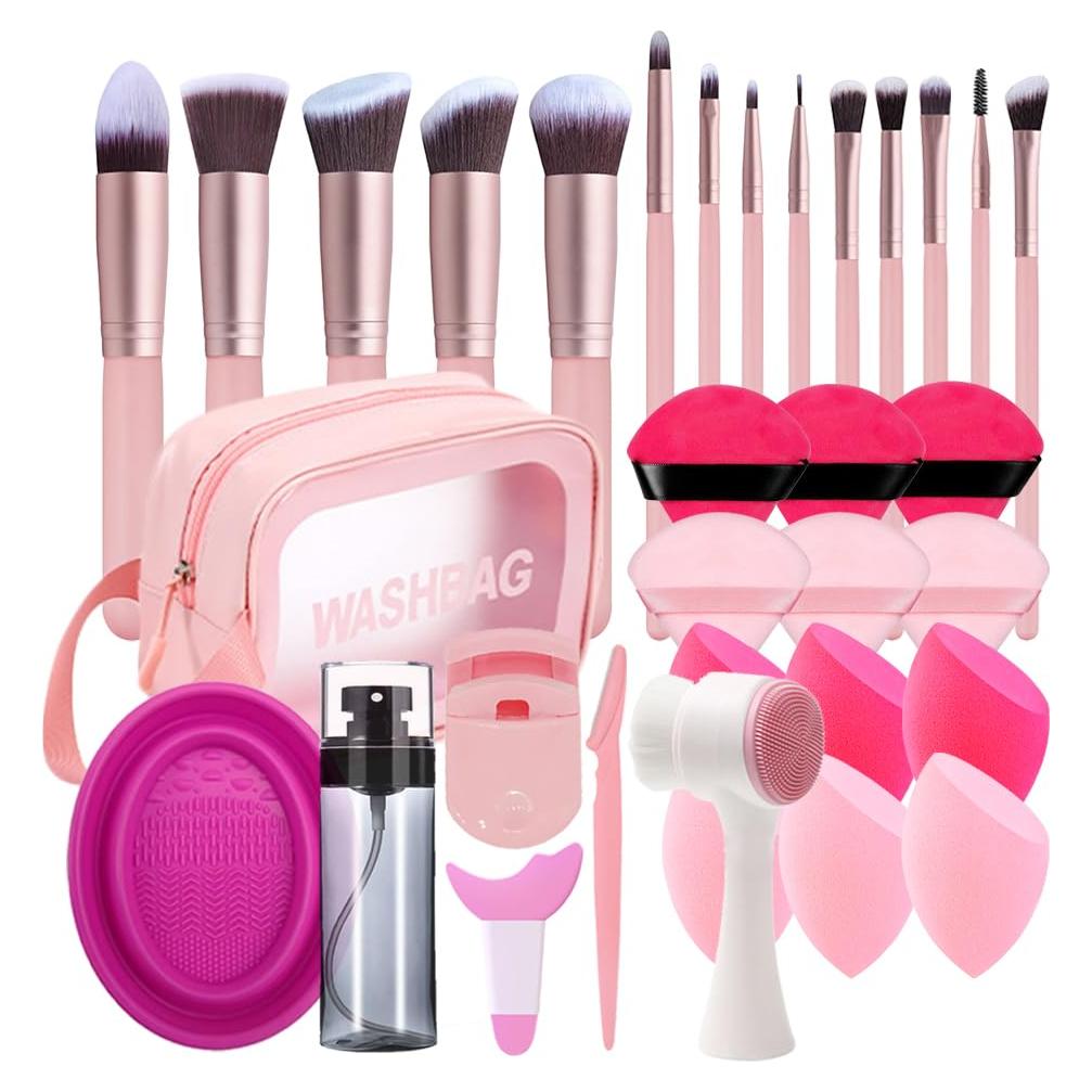 Juego de Brochas de Maquillaje 33PCS Loske con Esponjas y Rizador