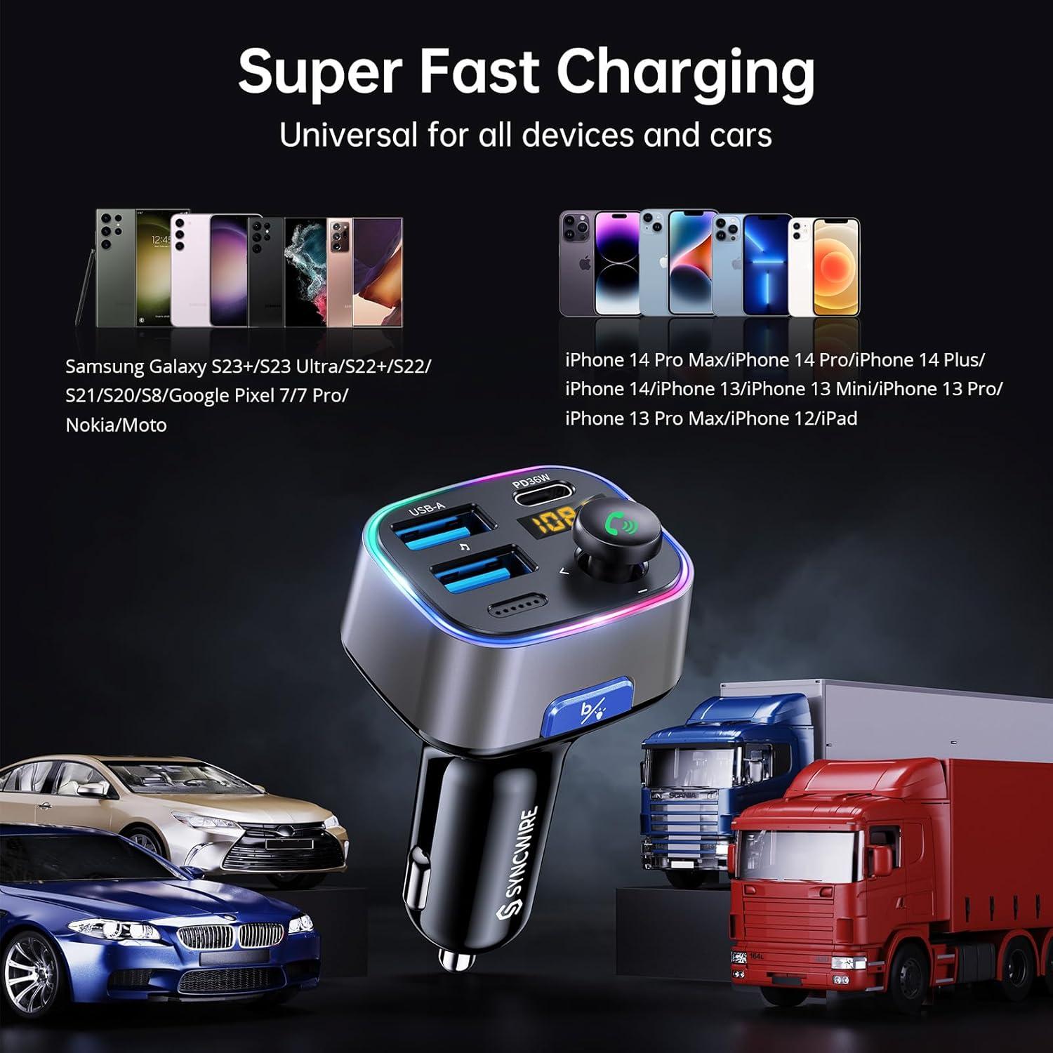 Adaptador de Coche Syncwire FM Bluetooth 5.3 48W Carga Rápida