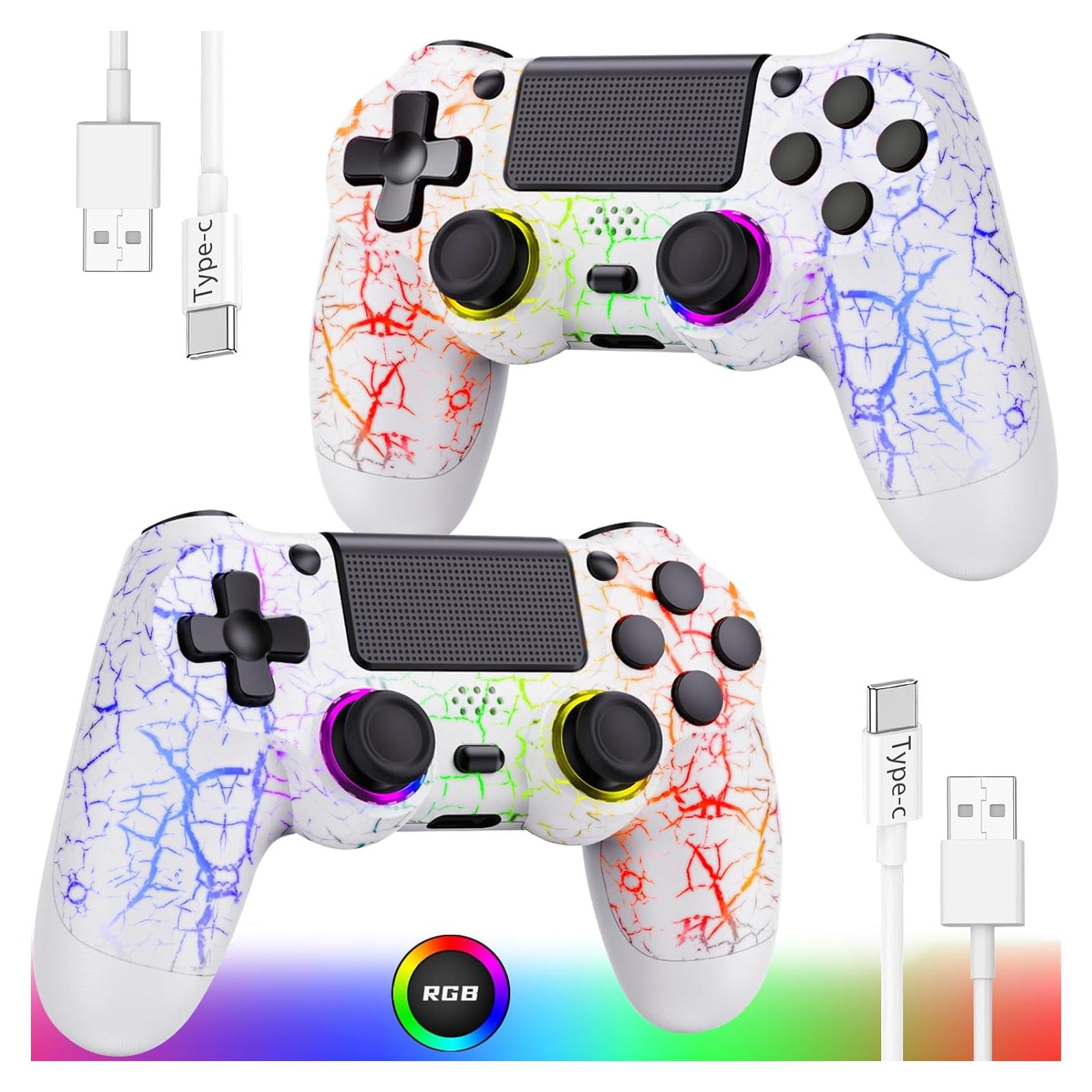 GamingBoy Light-up Wireless Controller for PS4/PC, 2 Pack White Crack Design Remote Control for Ps4 with RGB Light,Hall Effect Joystick,1000mAh Battery,Vibration,6-Axis Sensor,Audio Jack,Type-C Port