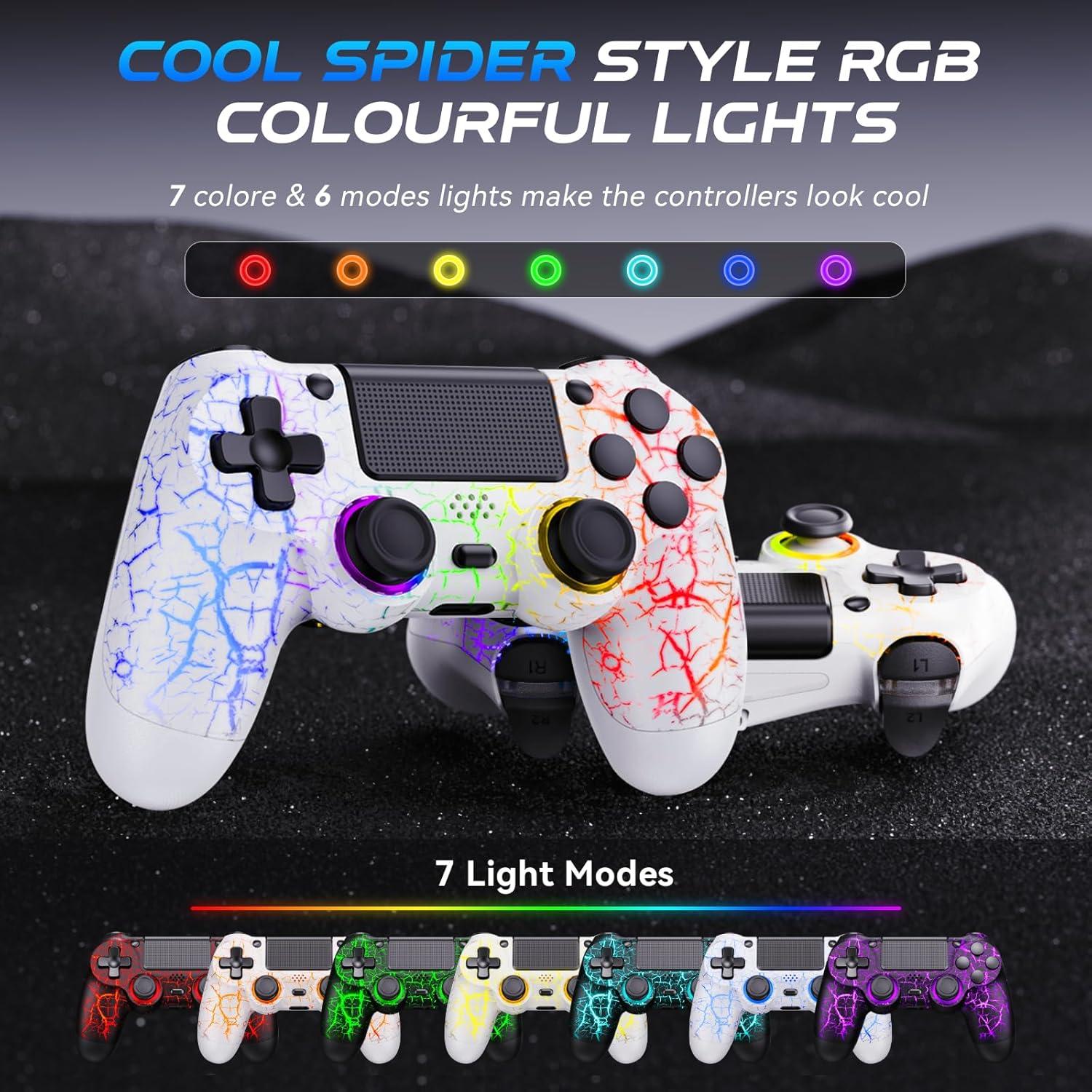 GamingBoy Light-up Wireless Controller for PS4/PC, 2 Pack White Crack Design Remote Control for Ps4 with RGB Light,Hall Effect Joystick,1000mAh Battery,Vibration,6-Axis Sensor,Audio Jack,Type-C Port