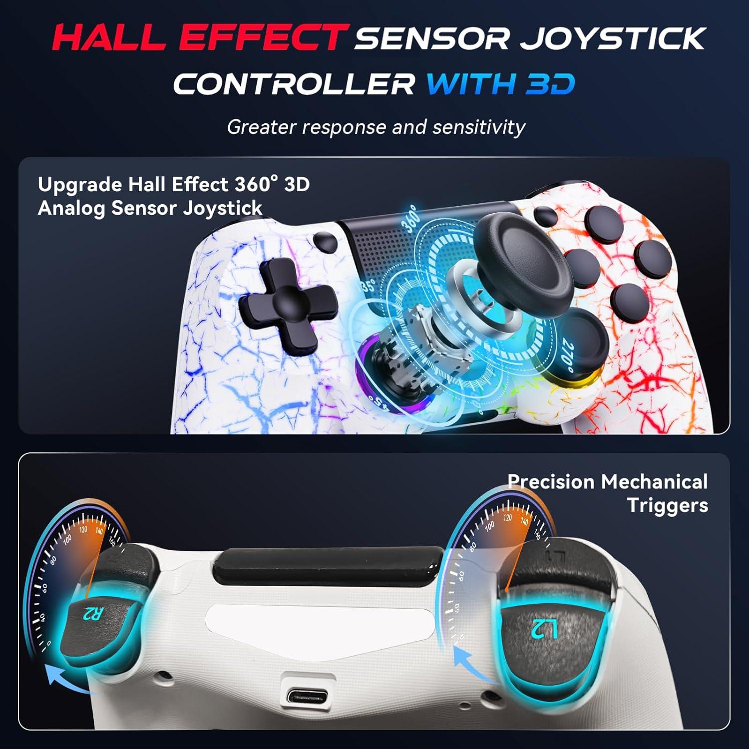 GamingBoy Light-up Wireless Controller for PS4/PC, 2 Pack White Crack Design Remote Control for Ps4 with RGB Light,Hall Effect Joystick,1000mAh Battery,Vibration,6-Axis Sensor,Audio Jack,Type-C Port