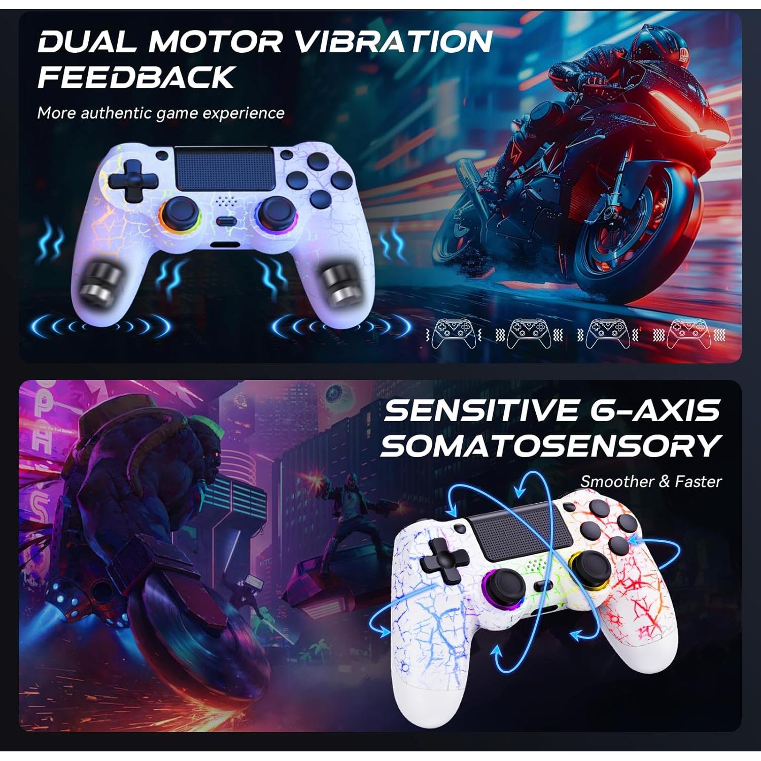 GamingBoy Light-up Wireless Controller for PS4/PC, 2 Pack White Crack Design Remote Control for Ps4 with RGB Light,Hall Effect Joystick,1000mAh Battery,Vibration,6-Axis Sensor,Audio Jack,Type-C Port