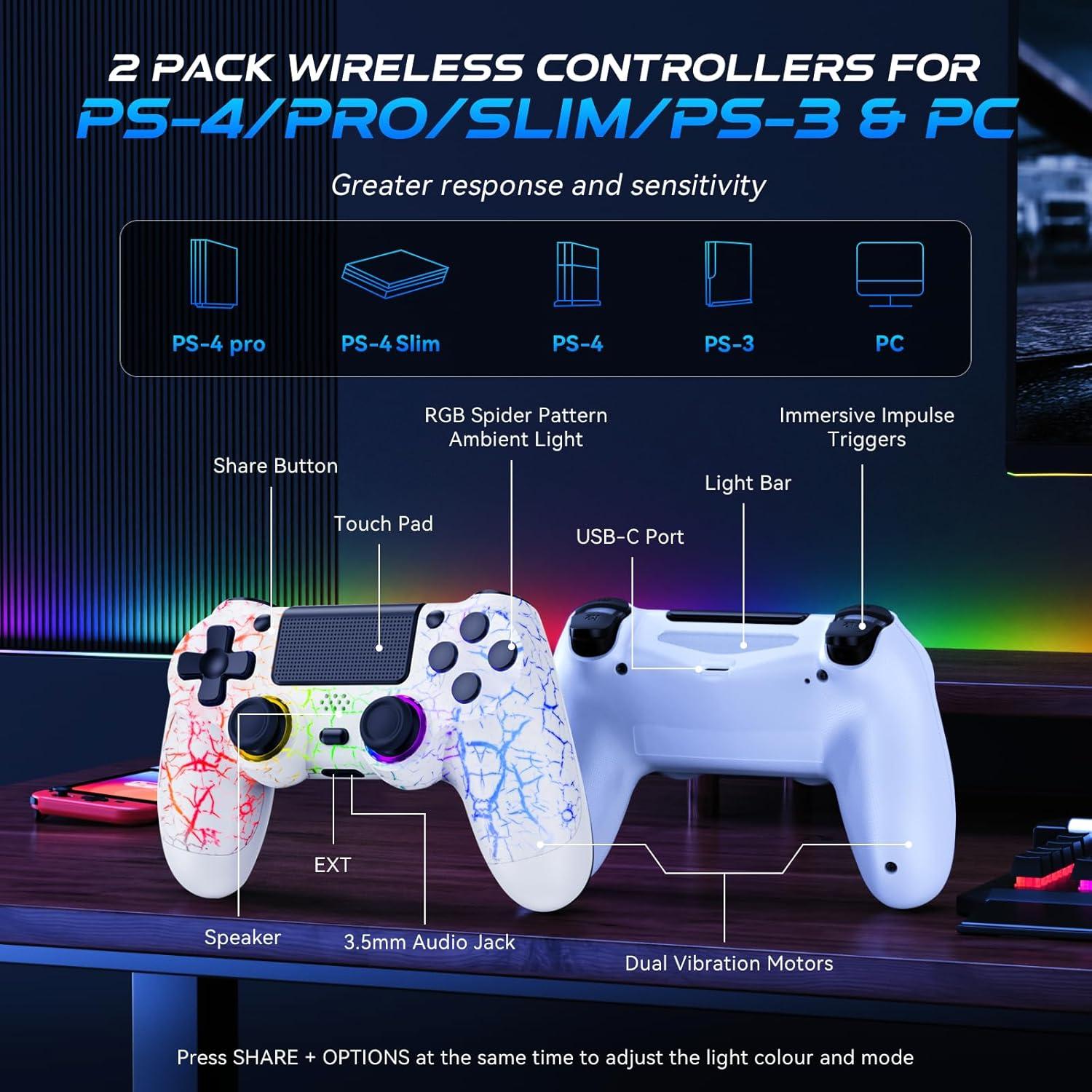 GamingBoy Light-up Wireless Controller for PS4/PC, 2 Pack White Crack Design Remote Control for Ps4 with RGB Light,Hall Effect Joystick,1000mAh Battery,Vibration,6-Axis Sensor,Audio Jack,Type-C Port
