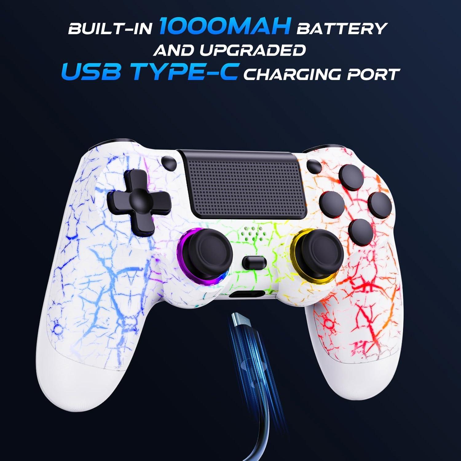 GamingBoy Light-up Wireless Controller for PS4/PC, 2 Pack White Crack Design Remote Control for Ps4 with RGB Light,Hall Effect Joystick,1000mAh Battery,Vibration,6-Axis Sensor,Audio Jack,Type-C Port