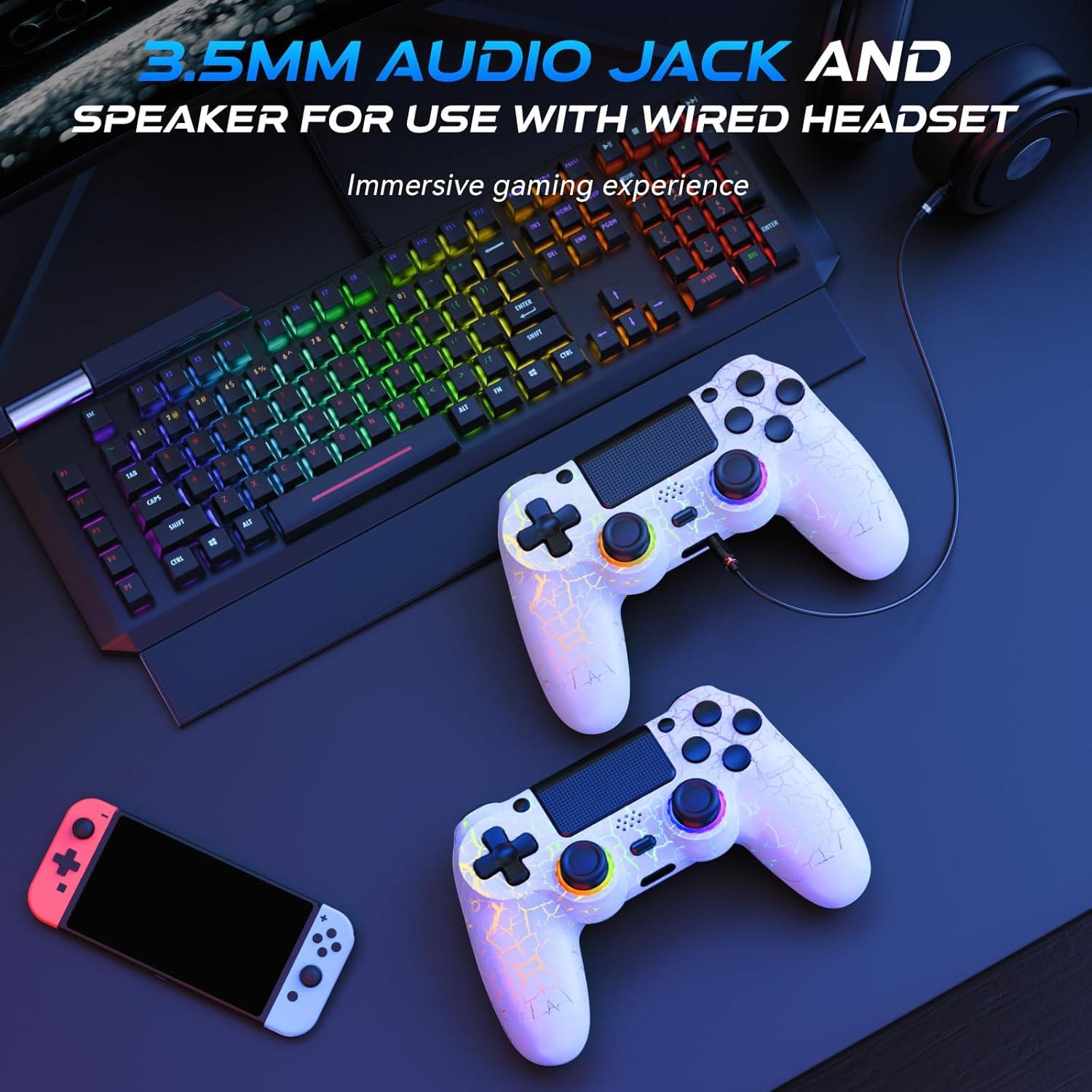 GamingBoy Light-up Wireless Controller for PS4/PC, 2 Pack White Crack Design Remote Control for Ps4 with RGB Light,Hall Effect Joystick,1000mAh Battery,Vibration,6-Axis Sensor,Audio Jack,Type-C Port