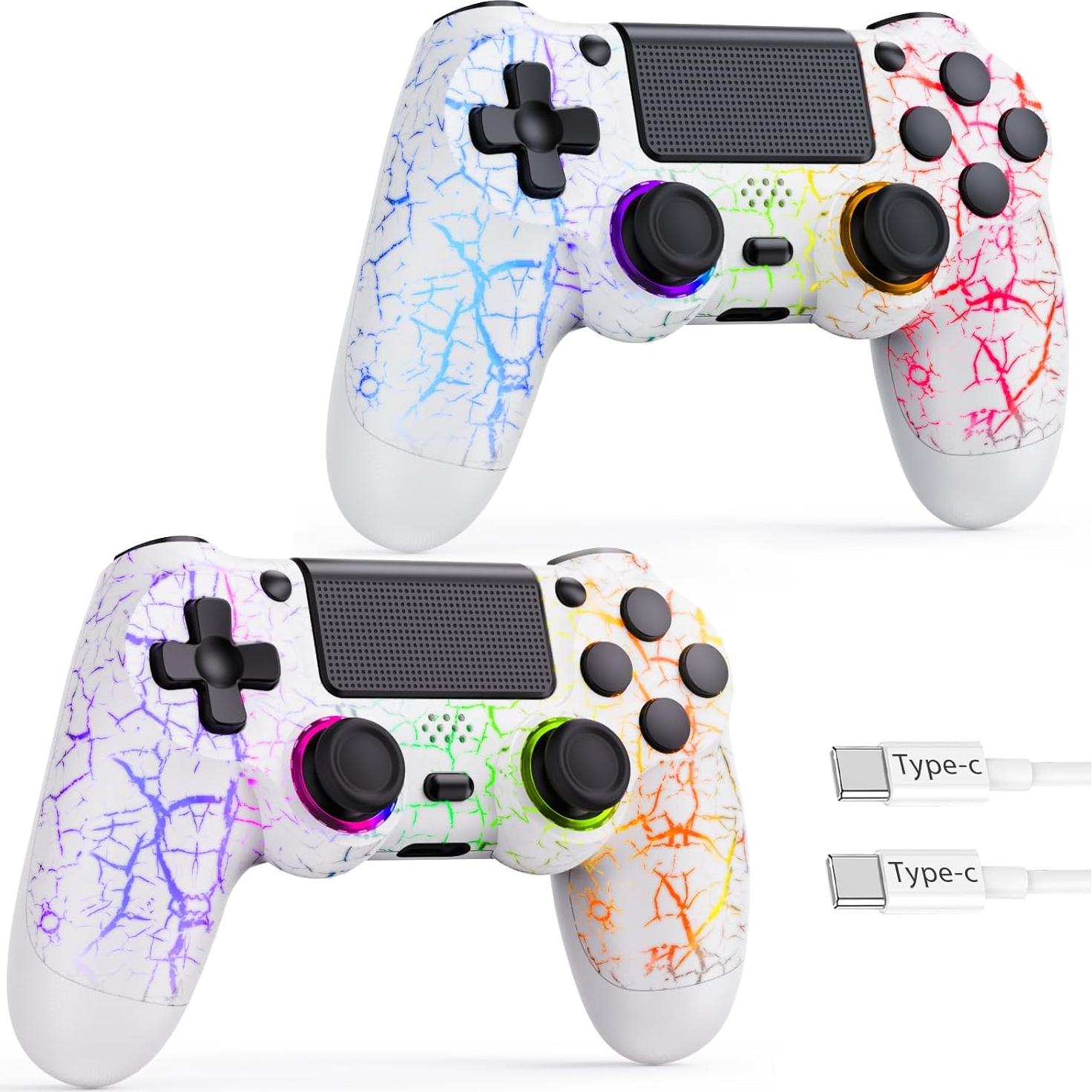 GamingBoy Light-up Wireless Controller for PS4/PC, 2 Pack White Crack Design Remote Control for Ps4 with RGB Light,Hall Effect Joystick,1000mAh Battery,Vibration,6-Axis Sensor,Audio Jack,Type-C Port
